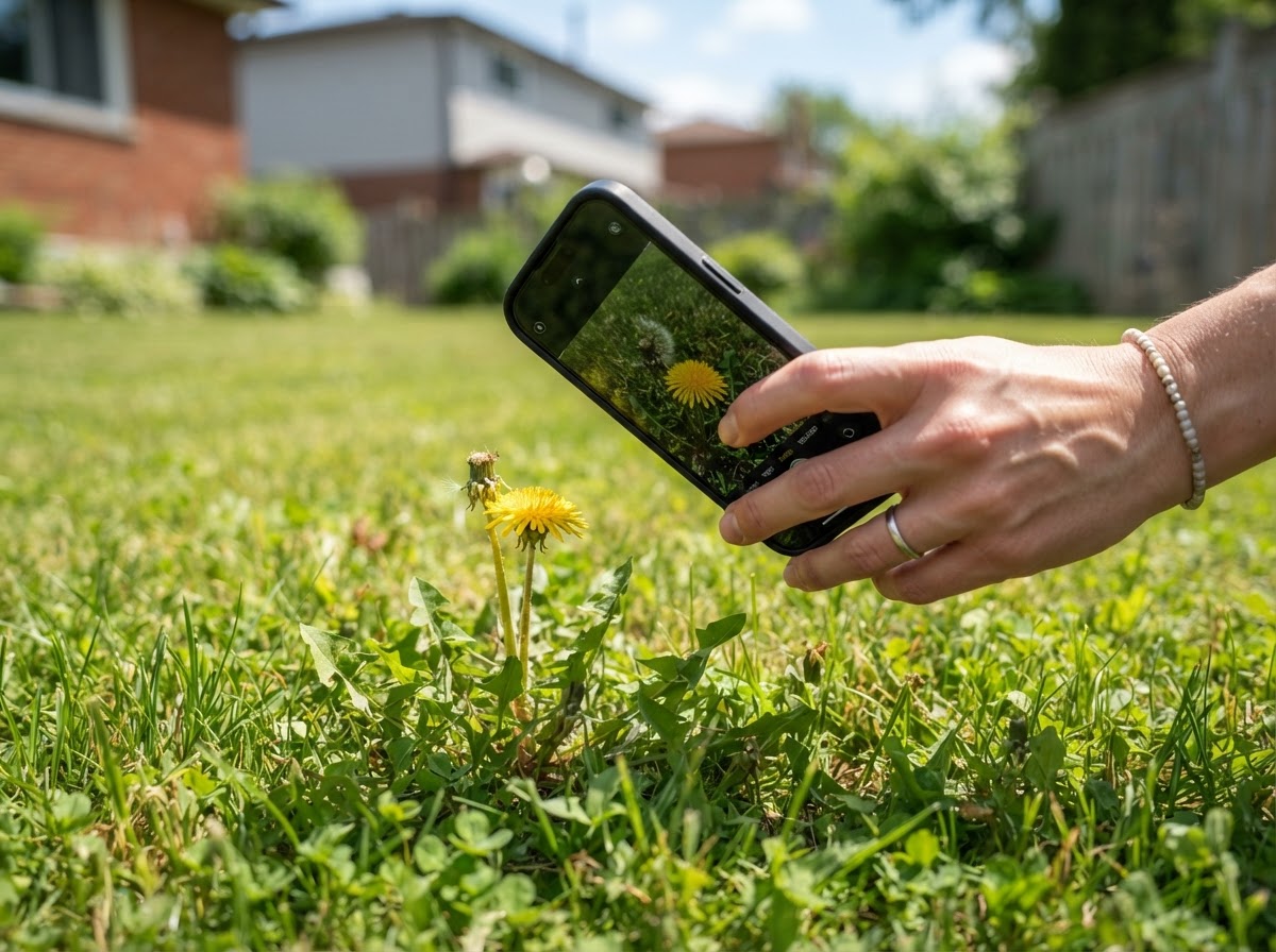 Person taking a photo of a weed with a smartphone