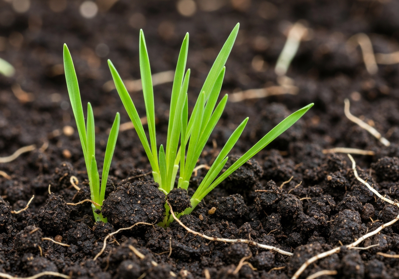 Fresh grass seed germinating in rich soil