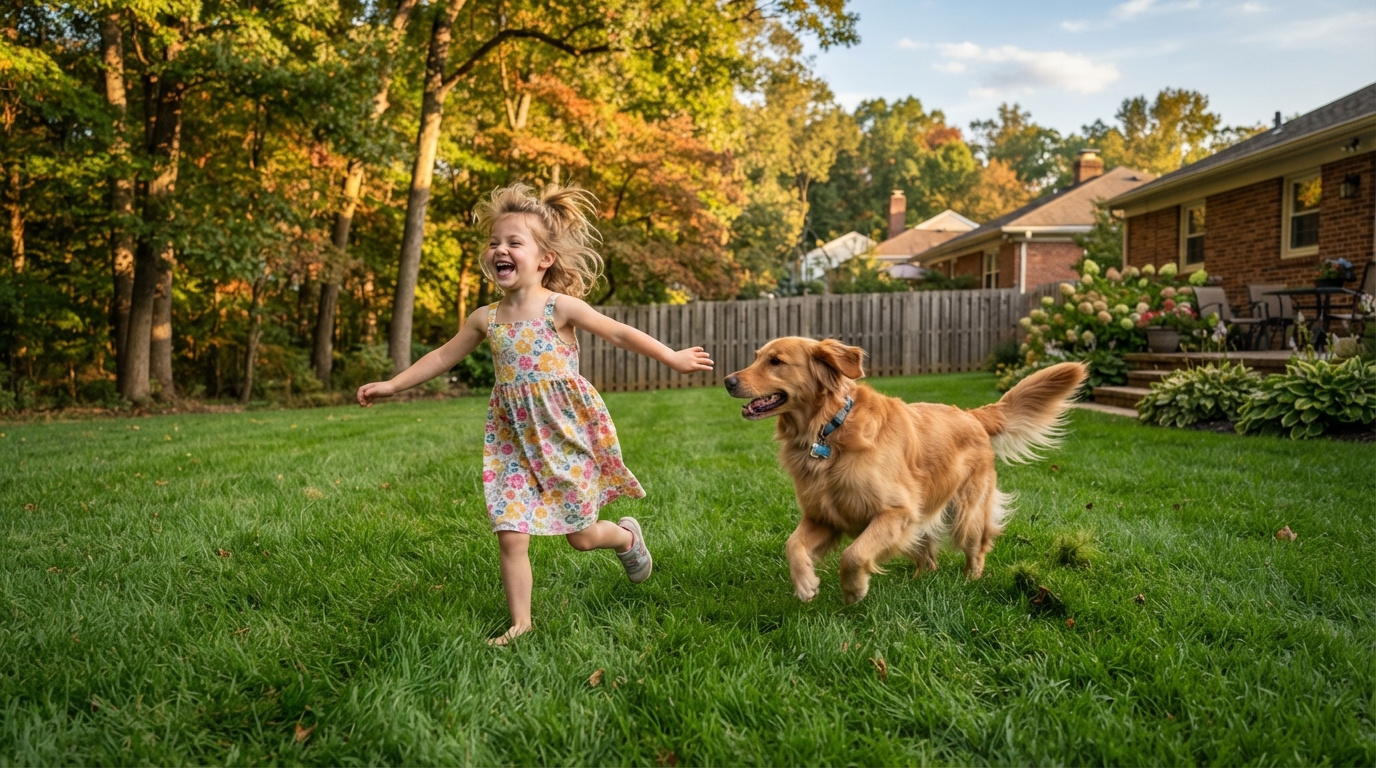 A happy child and golden retriever playing together on a lush green lawn