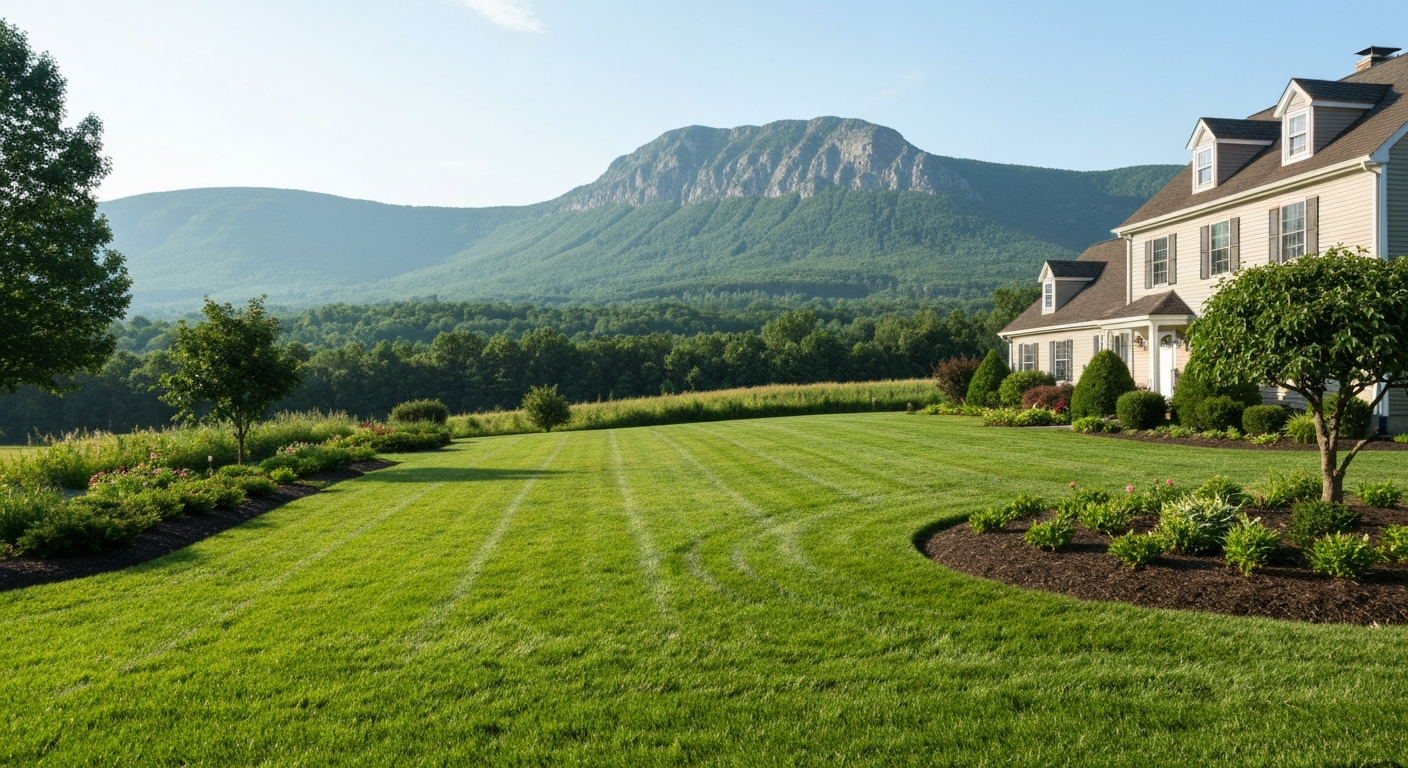 Beautiful green lawn in front of a home with a mountain ridge in the background