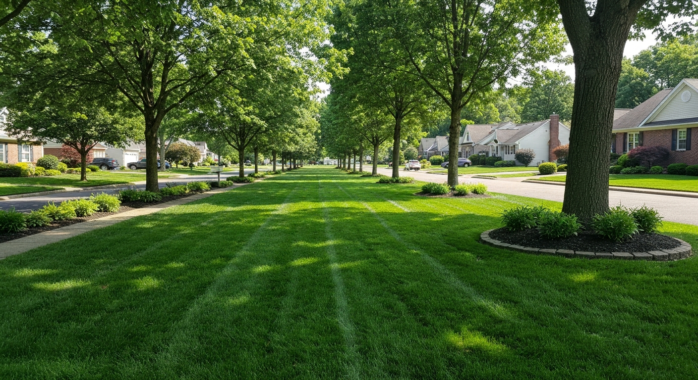 Beautiful green lawn in a Shillington neighborhood with mature trees