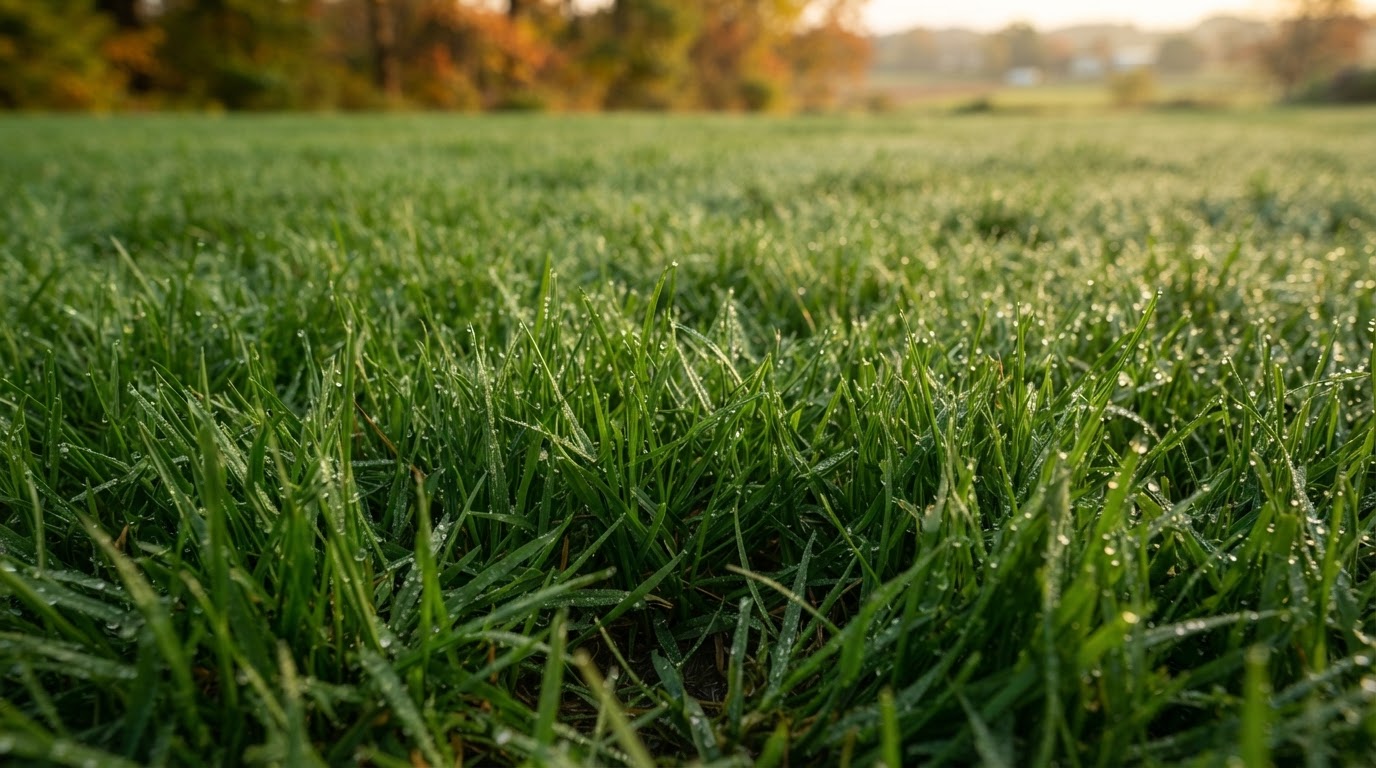 Thick, healthy cool-season lawn with morning dew in Emmaus, Pennsylvania