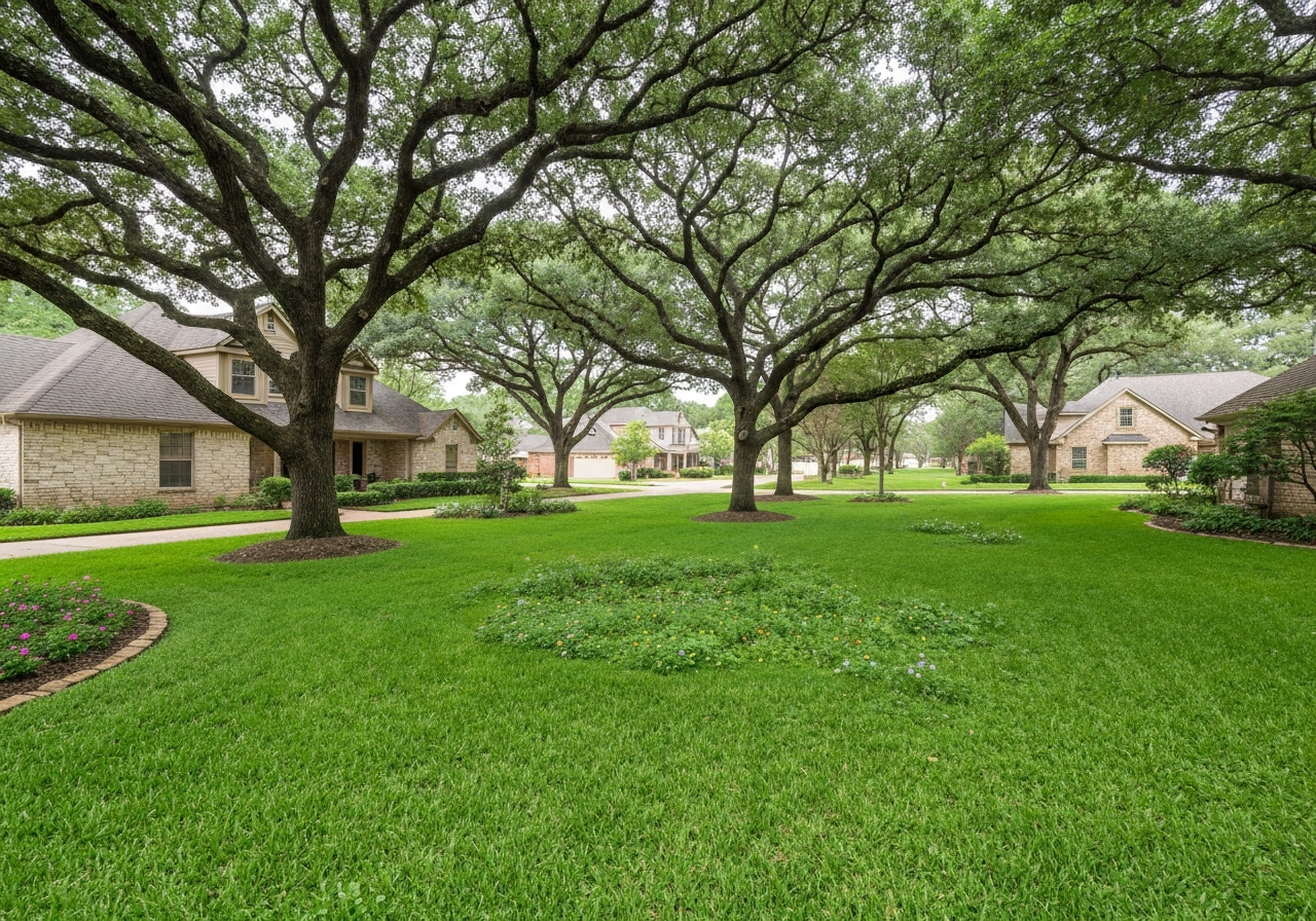 Lush green lawn under mature shade trees