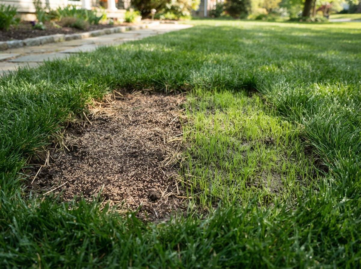 Bare spot on a lawn being repaired with Sunny's Seed Mix — fresh seed spread with new grass seedlings emerging
