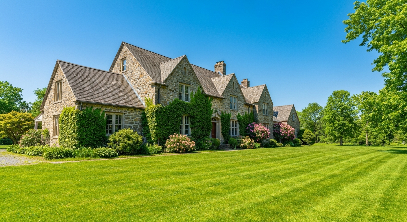Historic stone farmhouse with a perfect green lawn in Oley, PA