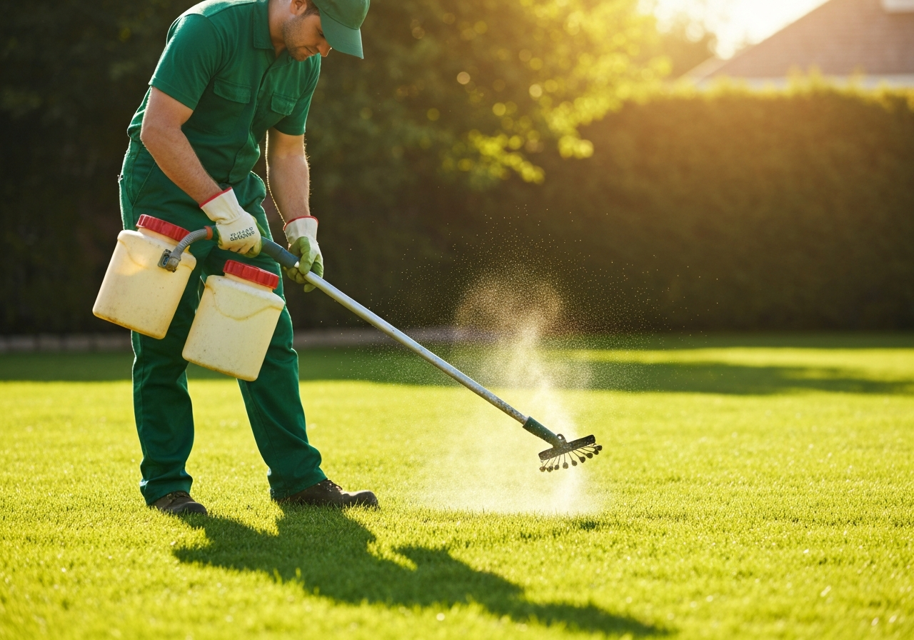 Lawn care professional applying treatment to a green yard