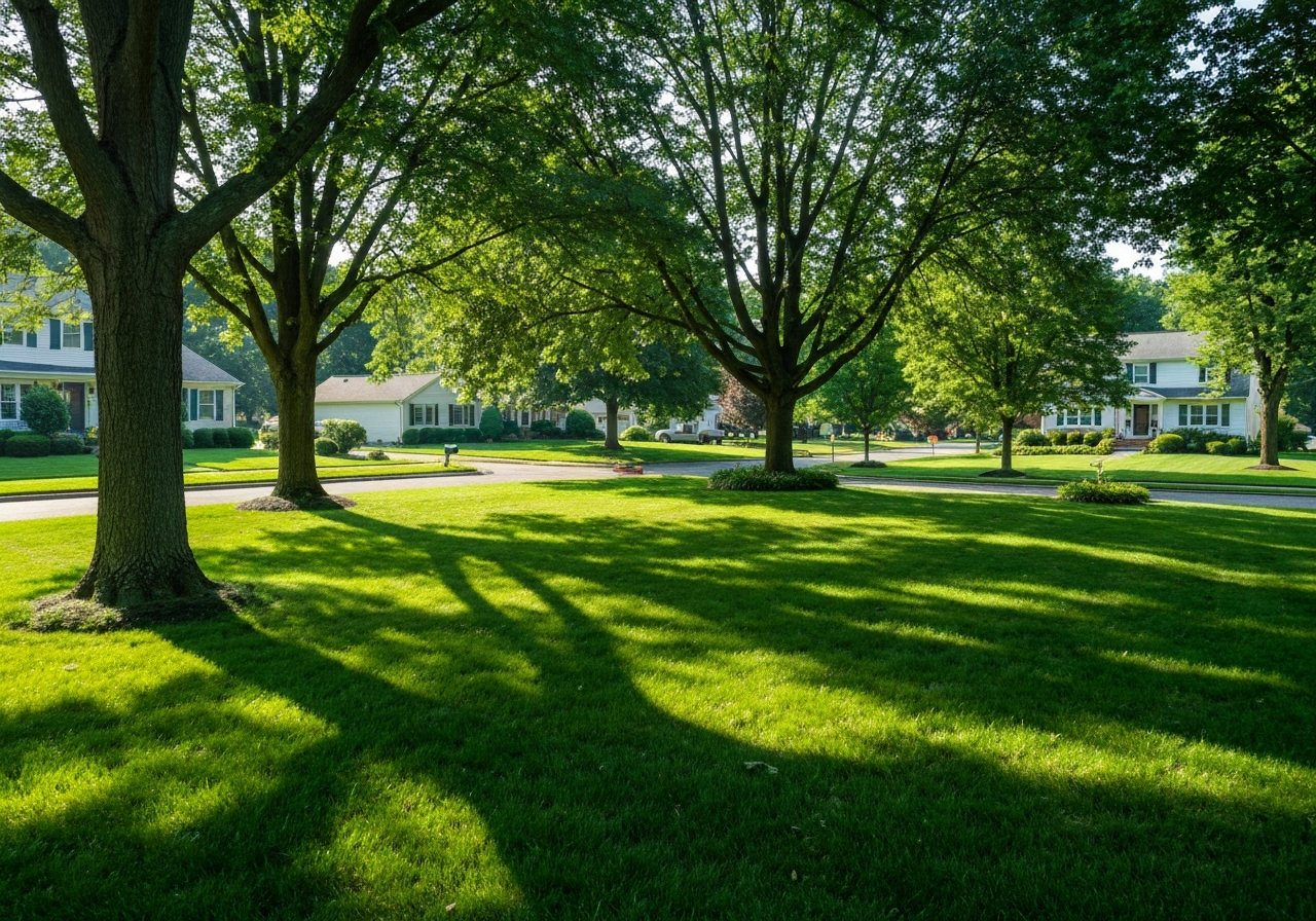 Beautiful shaded green lawn with mature trees in Pennsylvania