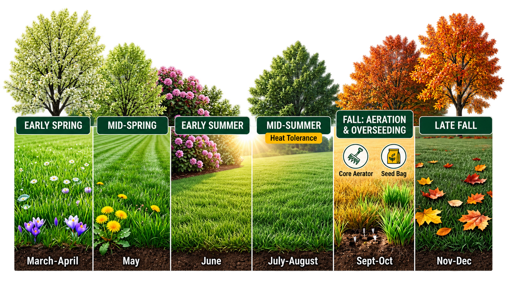 A healthy cool-season Pennsylvania lawn divided into six seasonal sections representing a lawn fertilization schedule
