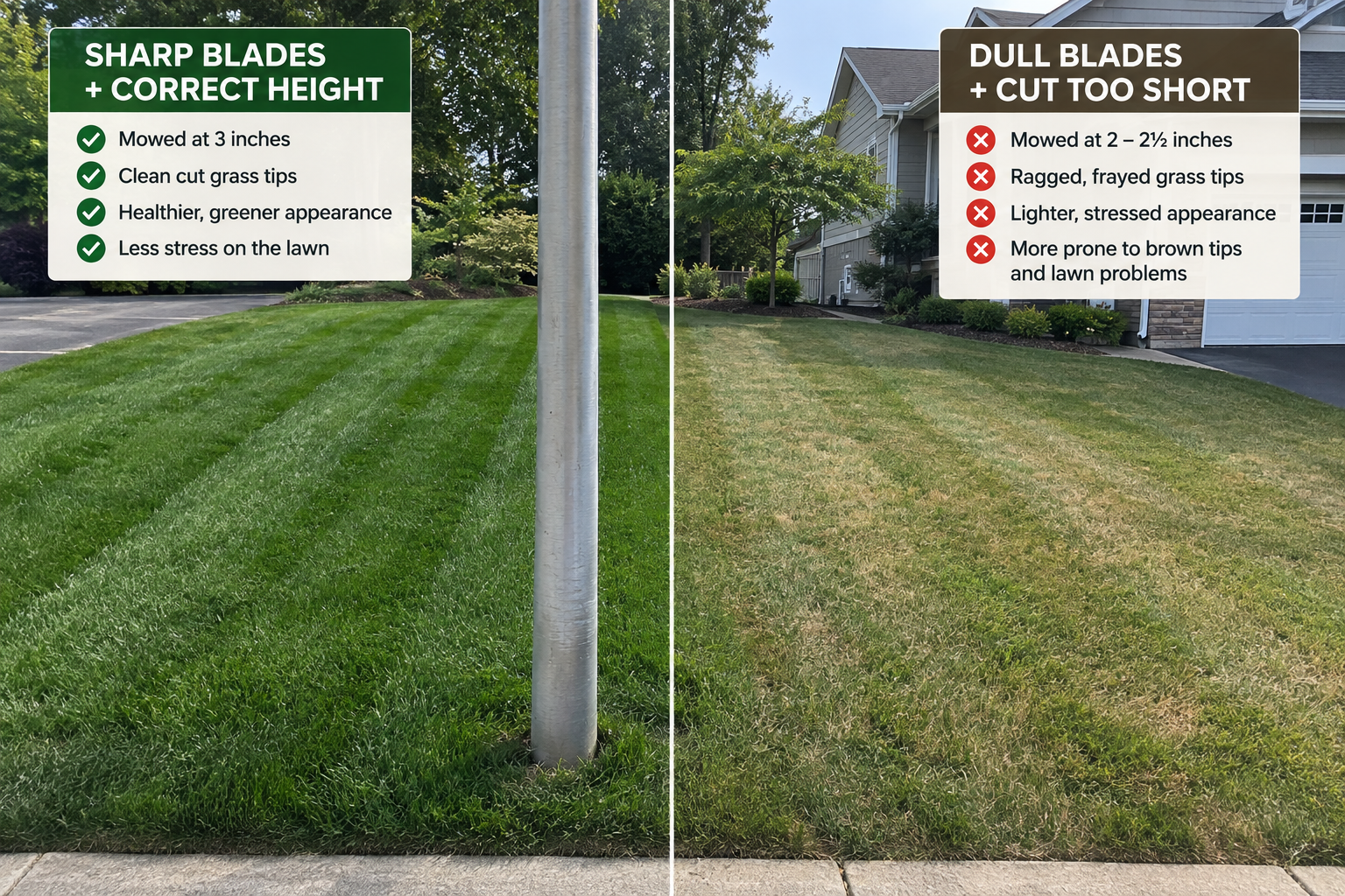 Side-by-side comparison of lawn mowed with sharp blades at 3 inches vs dull blades cut too short at 2 to 2.5 inches