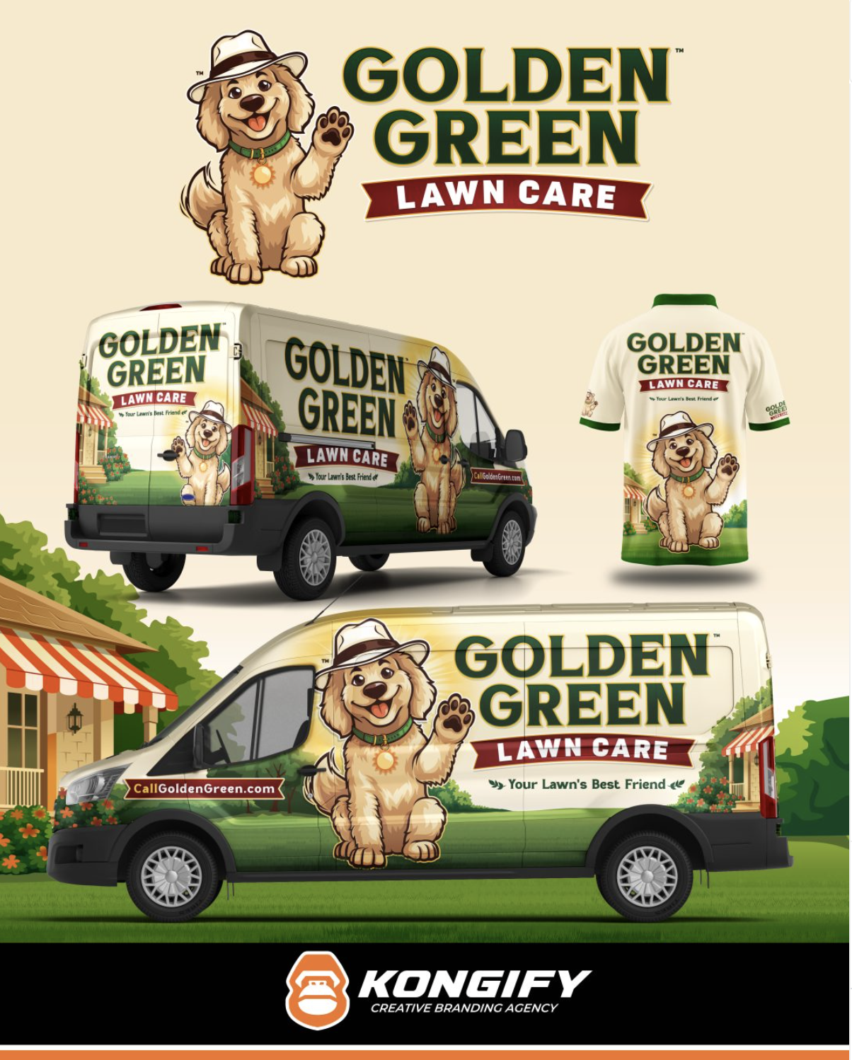 Golden Green Lawn Care complete brand showcase featuring Sunny the Golden Canine mascot, fully wrapped service vans with Golden Green branding, logo, website, and Your Lawn's Best Friend tagline — designed by Kongify creative branding agency