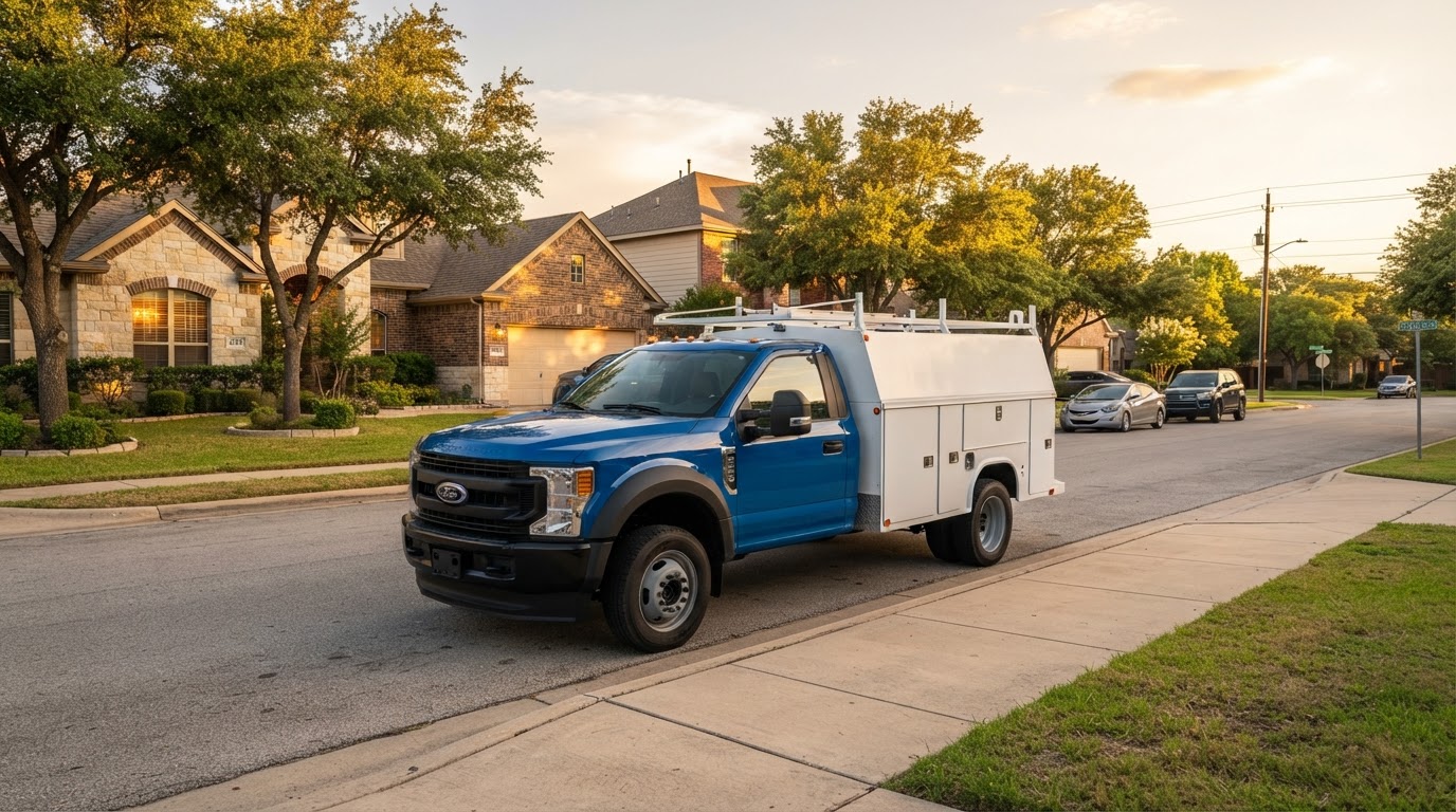Fresh Air Energy Solutions blue truck in a Texas neighborhood