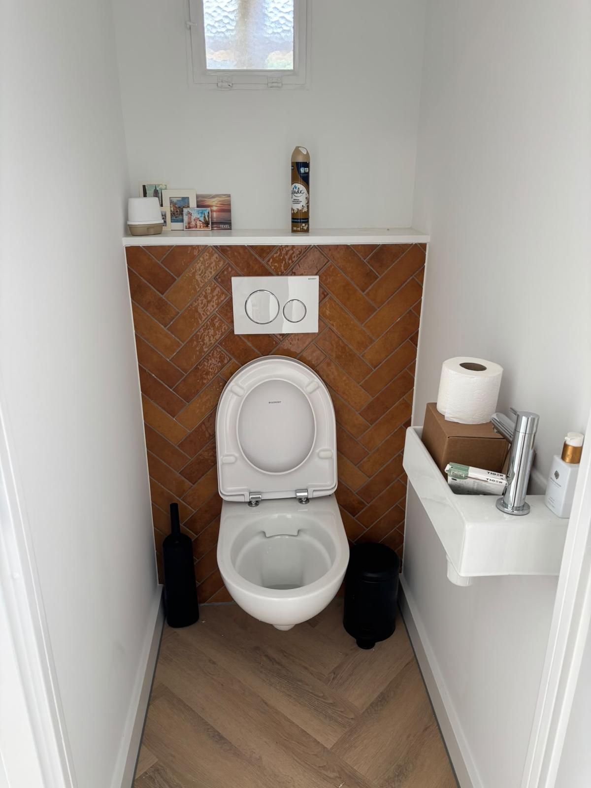 Toiletruimte met visgraattegels en strak geschilderde wanden in Lisse