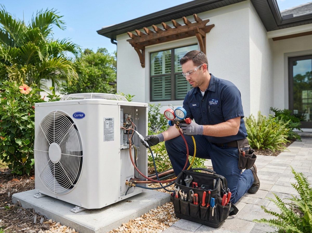 Professional residential AC service technician working on home air conditioning unit
