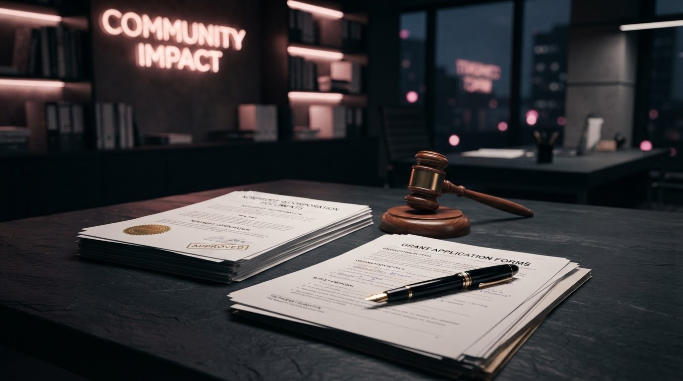 Dark slate desk with nonprofit incorporation documents, a gavel, grant application forms, and a fountain pen under soft pink neon lighting