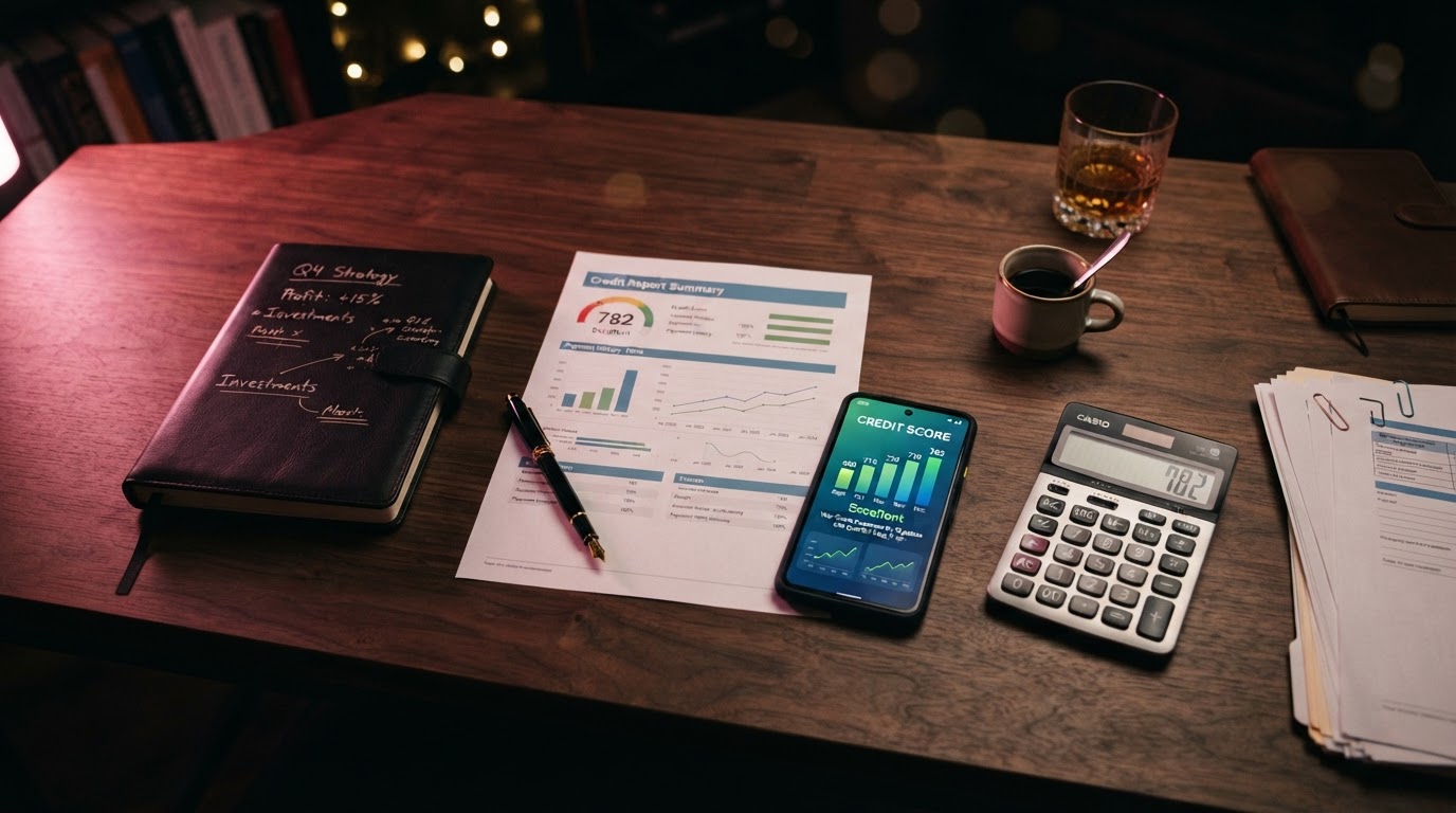 Dark desk with financial documents, a calculator, and a smartphone showing a rising credit score graph under warm pink lighting
