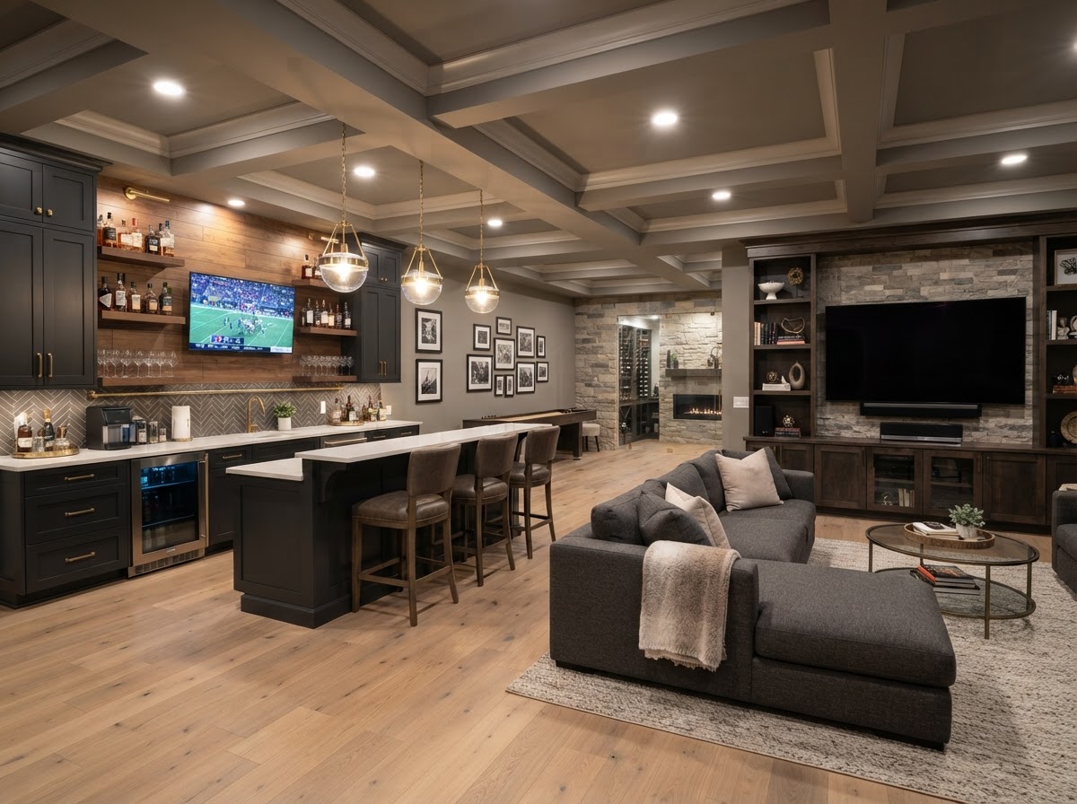Finished basement by Cechinel Design & Build