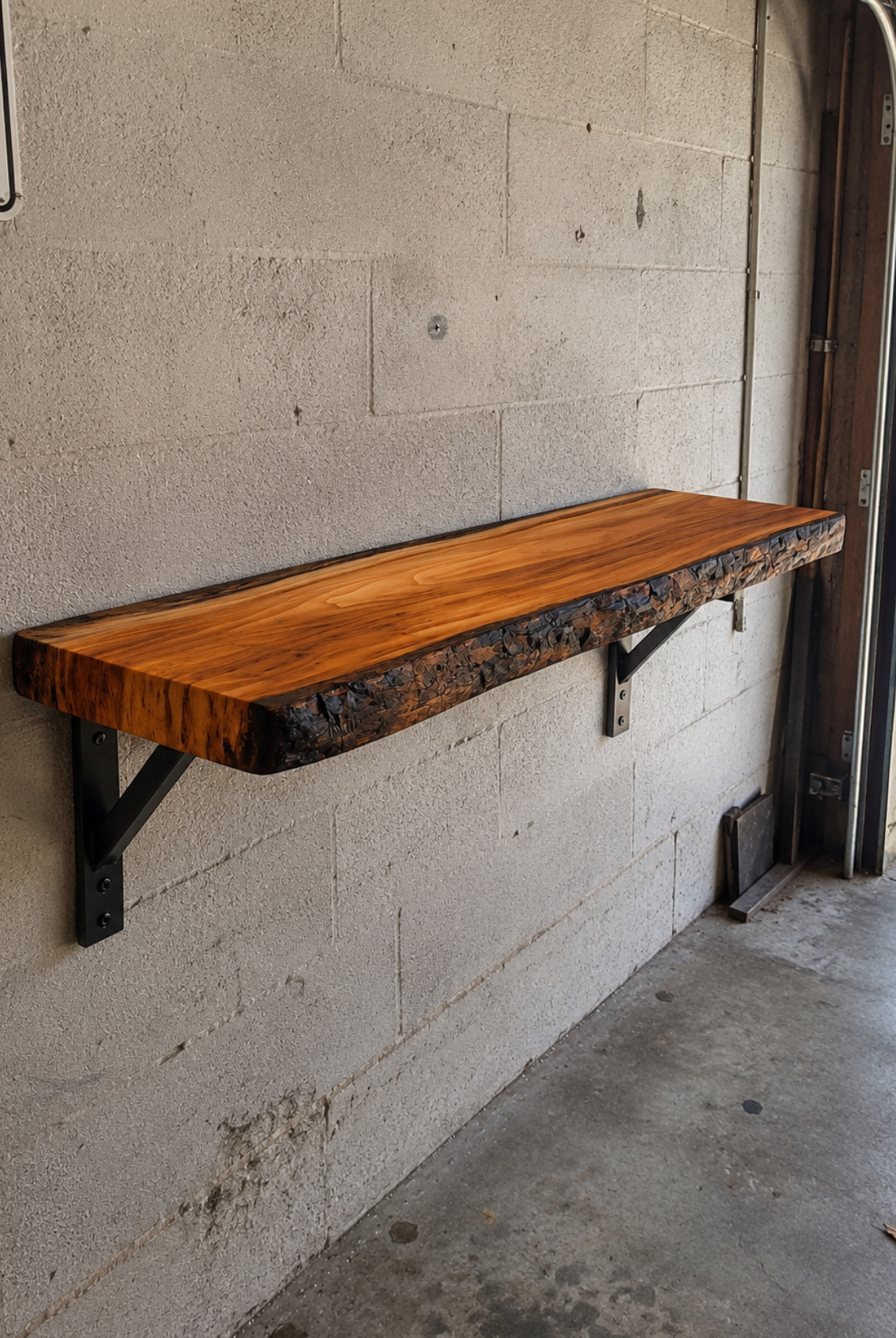 Wall-mounted live edge bar shelf