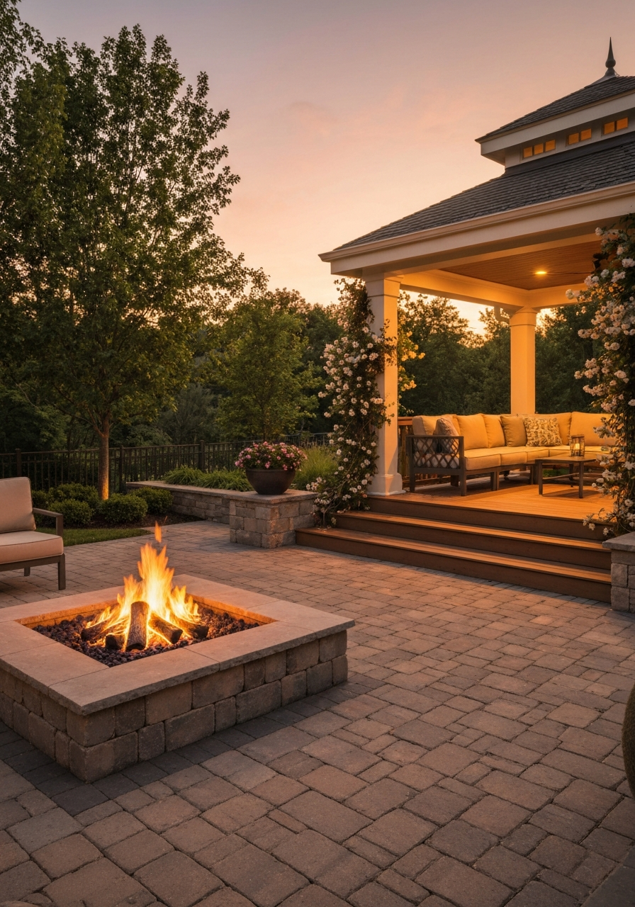 Outdoor living space at sunset with fire pit