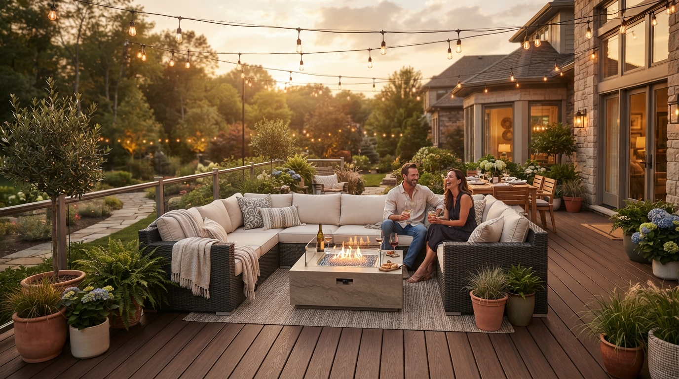 Finished deck with outdoor seating area at golden hour