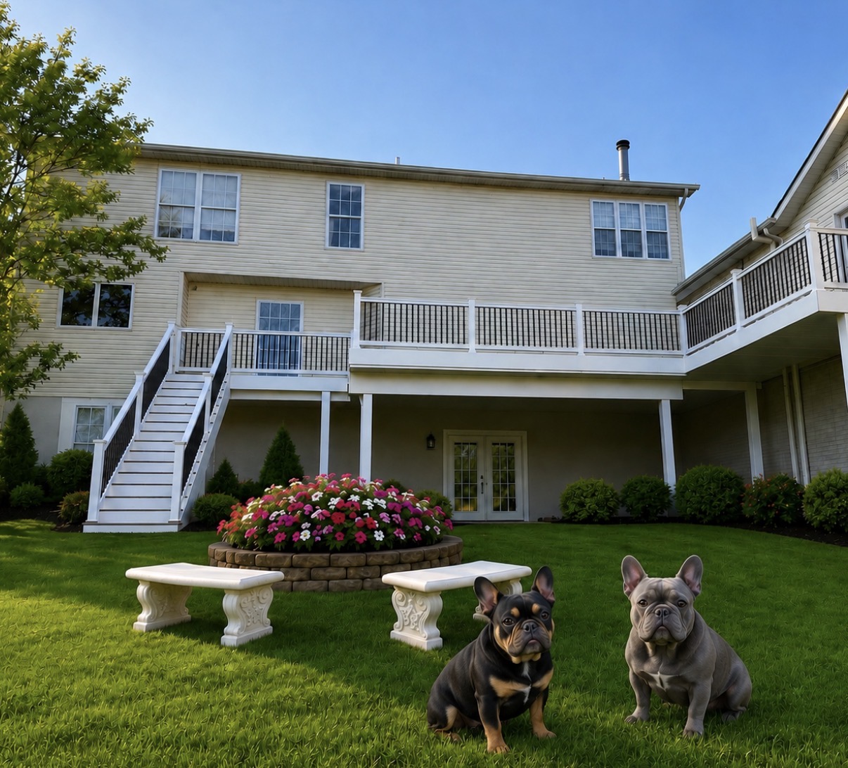 Two-Story Home Elevated Deck & French Bulldog Backyard