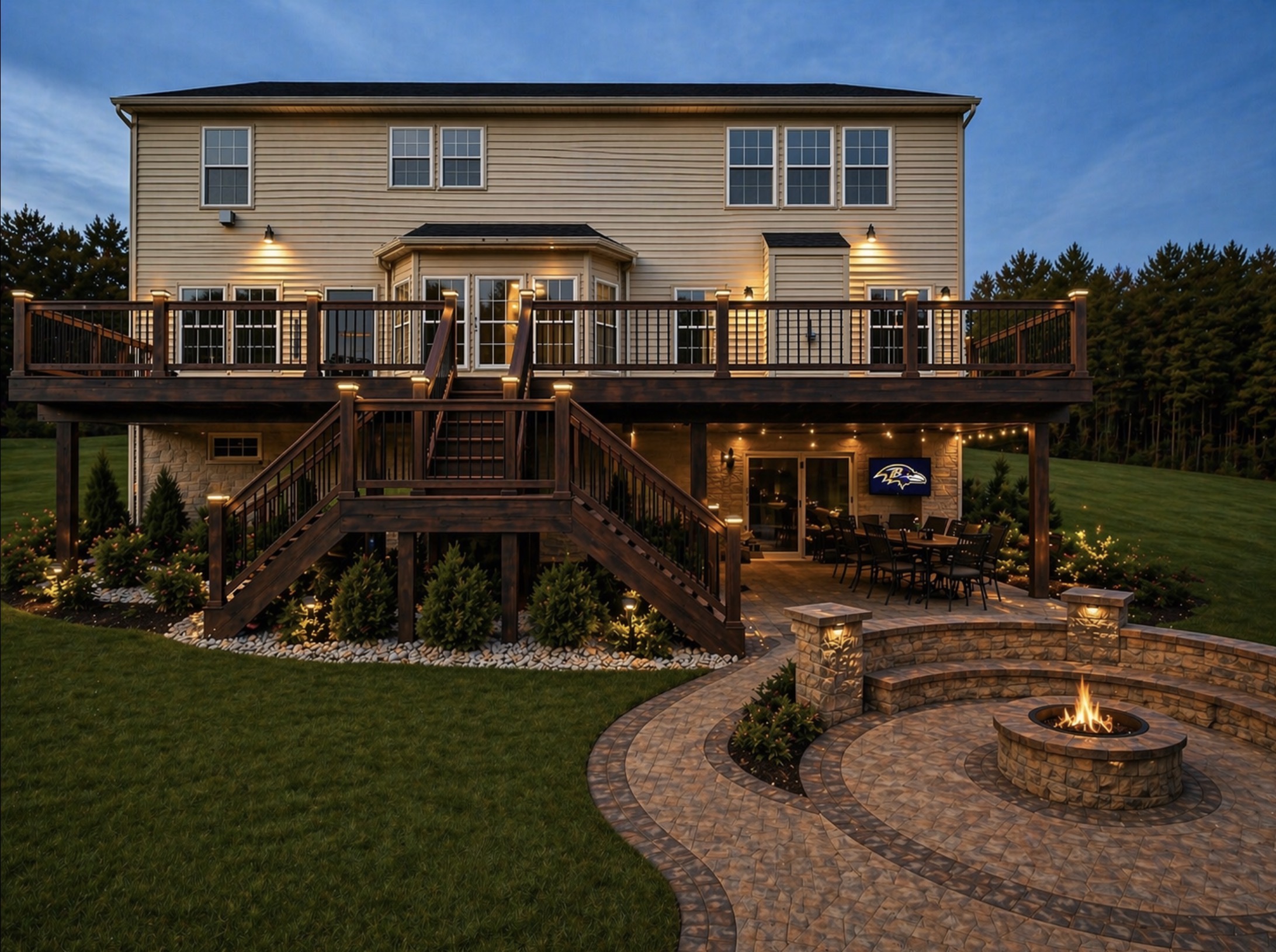 Illuminated Two-Story Deck & Fire Pit Patio