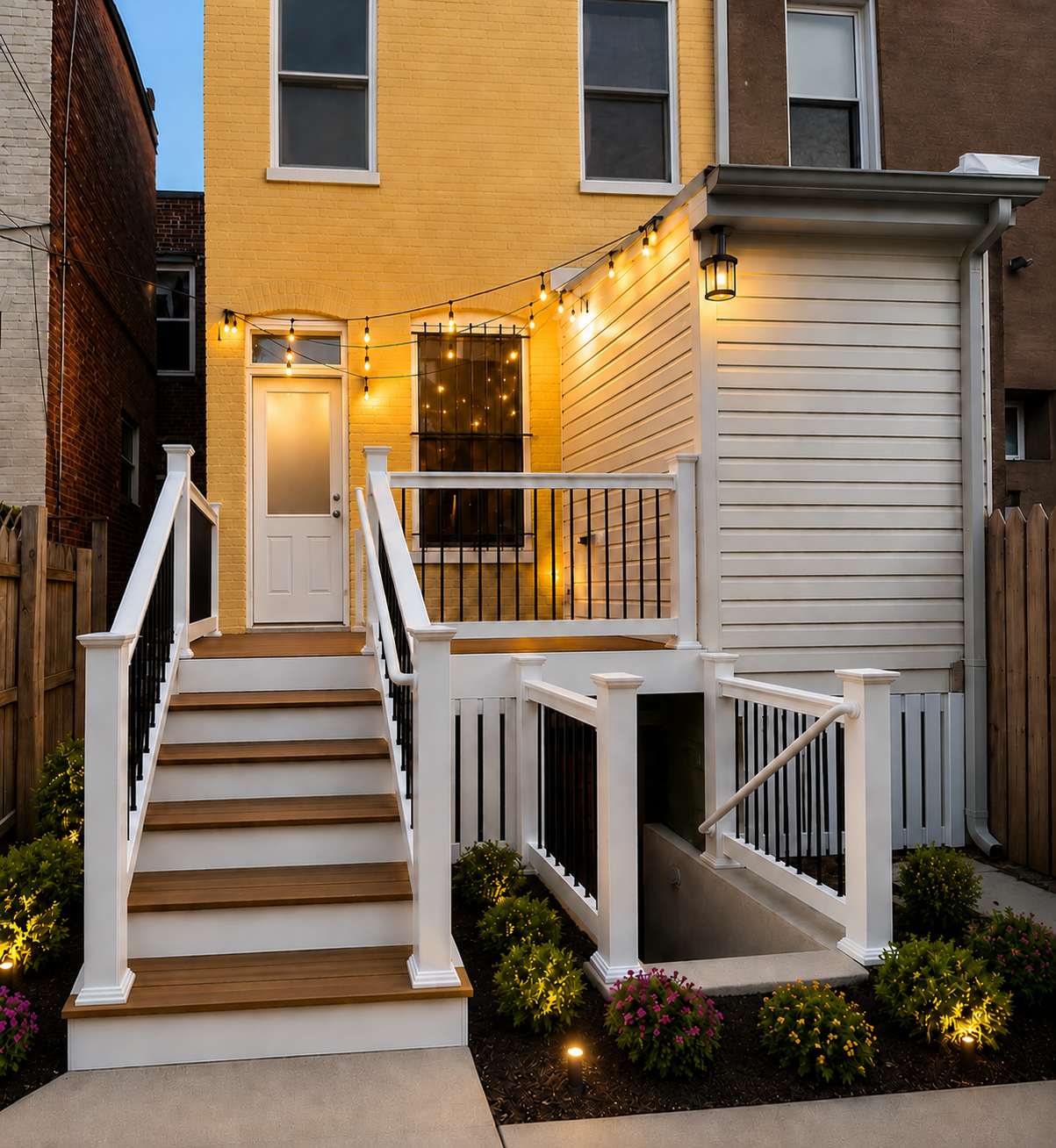 Urban Deck Entry with String Lights & Landscaping