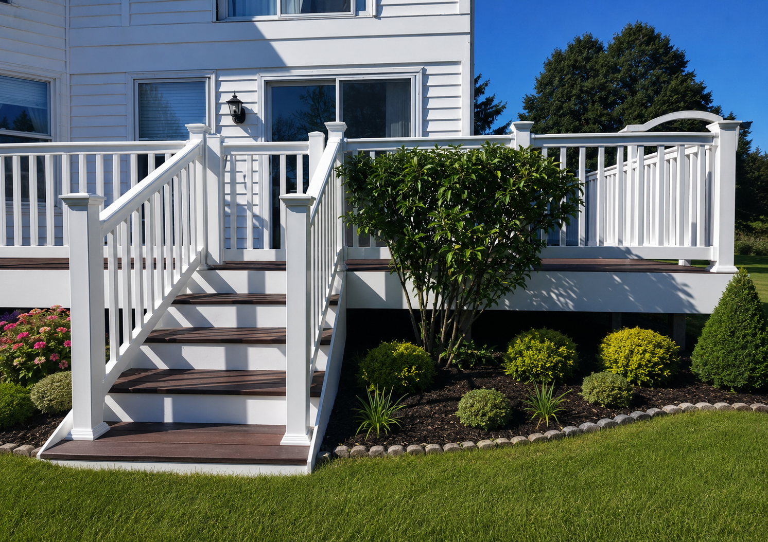 White Composite Deck Stairs & Landscaping