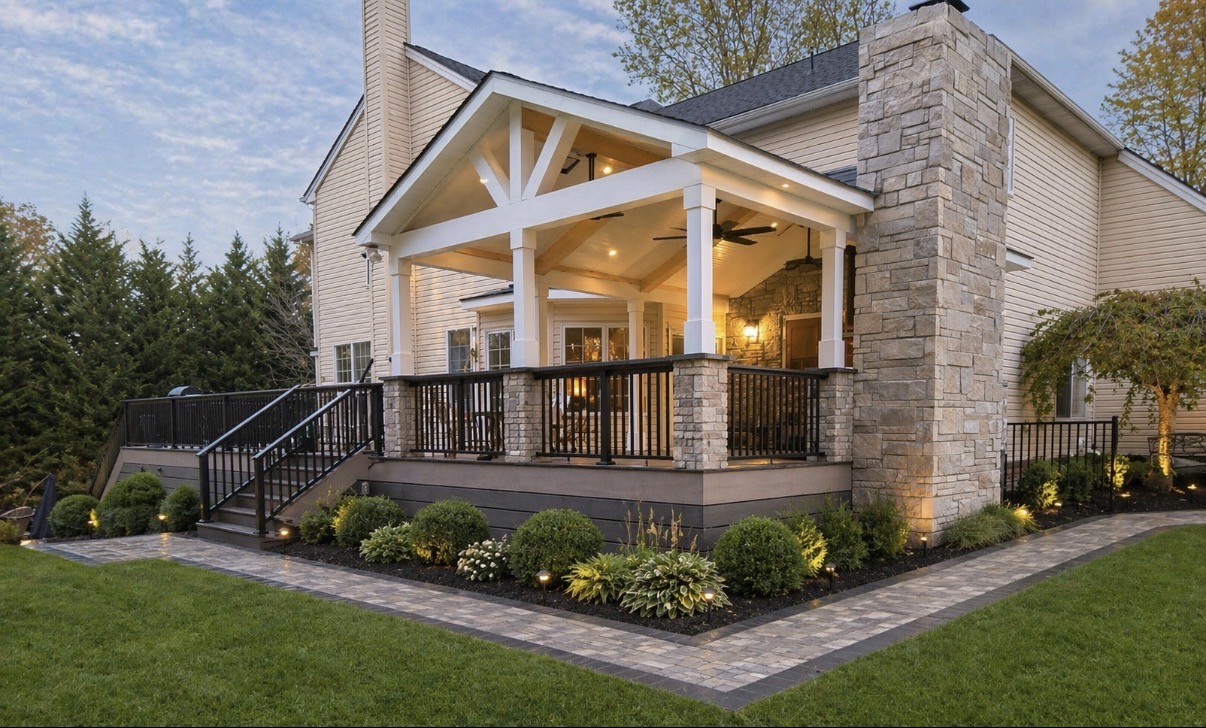 Custom Gabled Porch & Stone Chimney