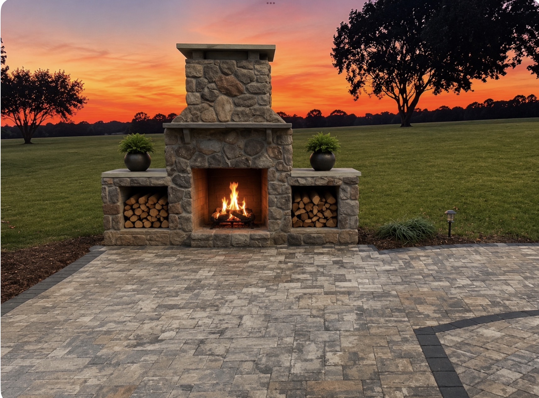 Custom Stone Fireplace at Sunset on Paver Patio