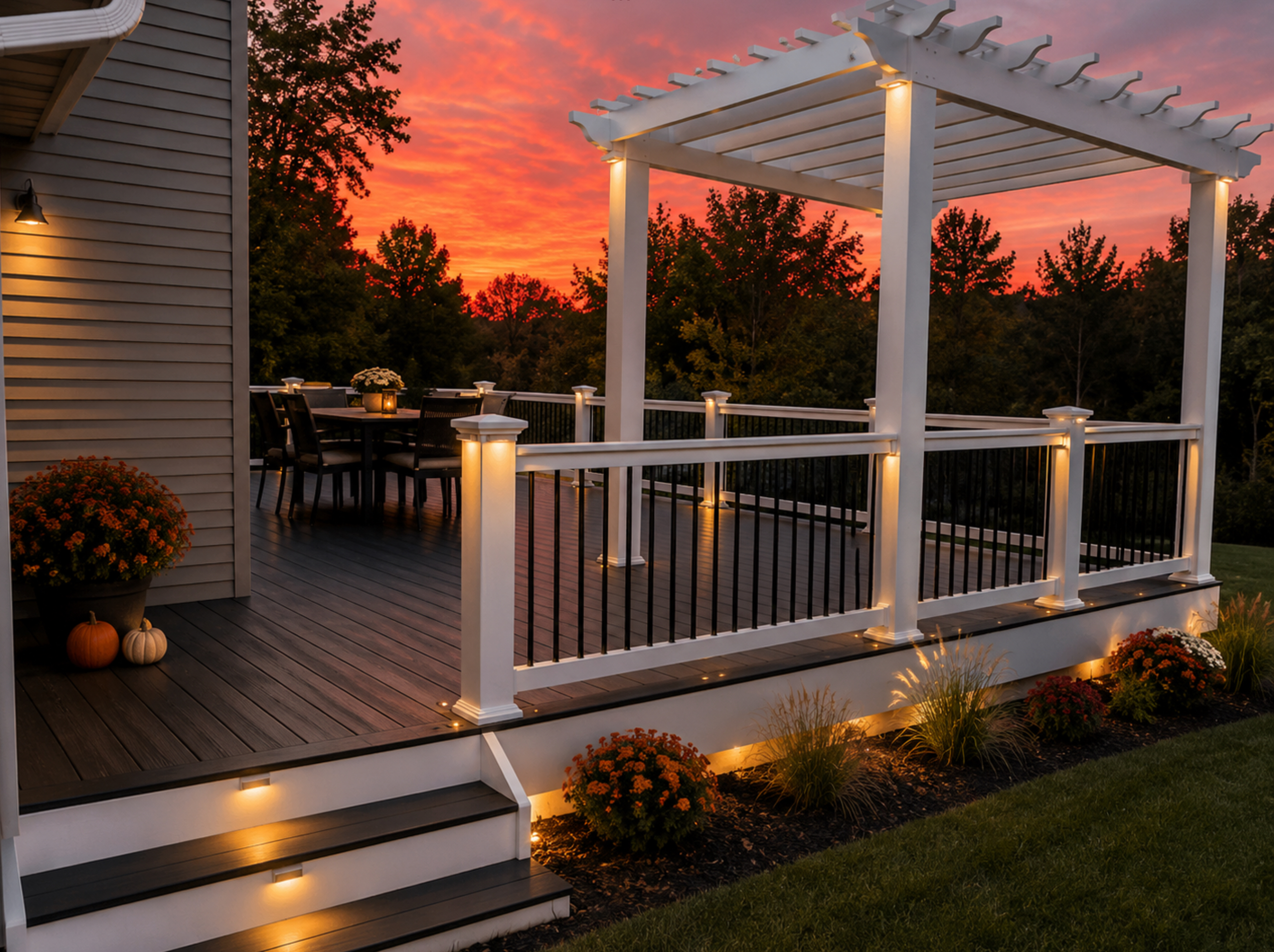 Sunset Deck with White Pergola & Ambient Lighting
