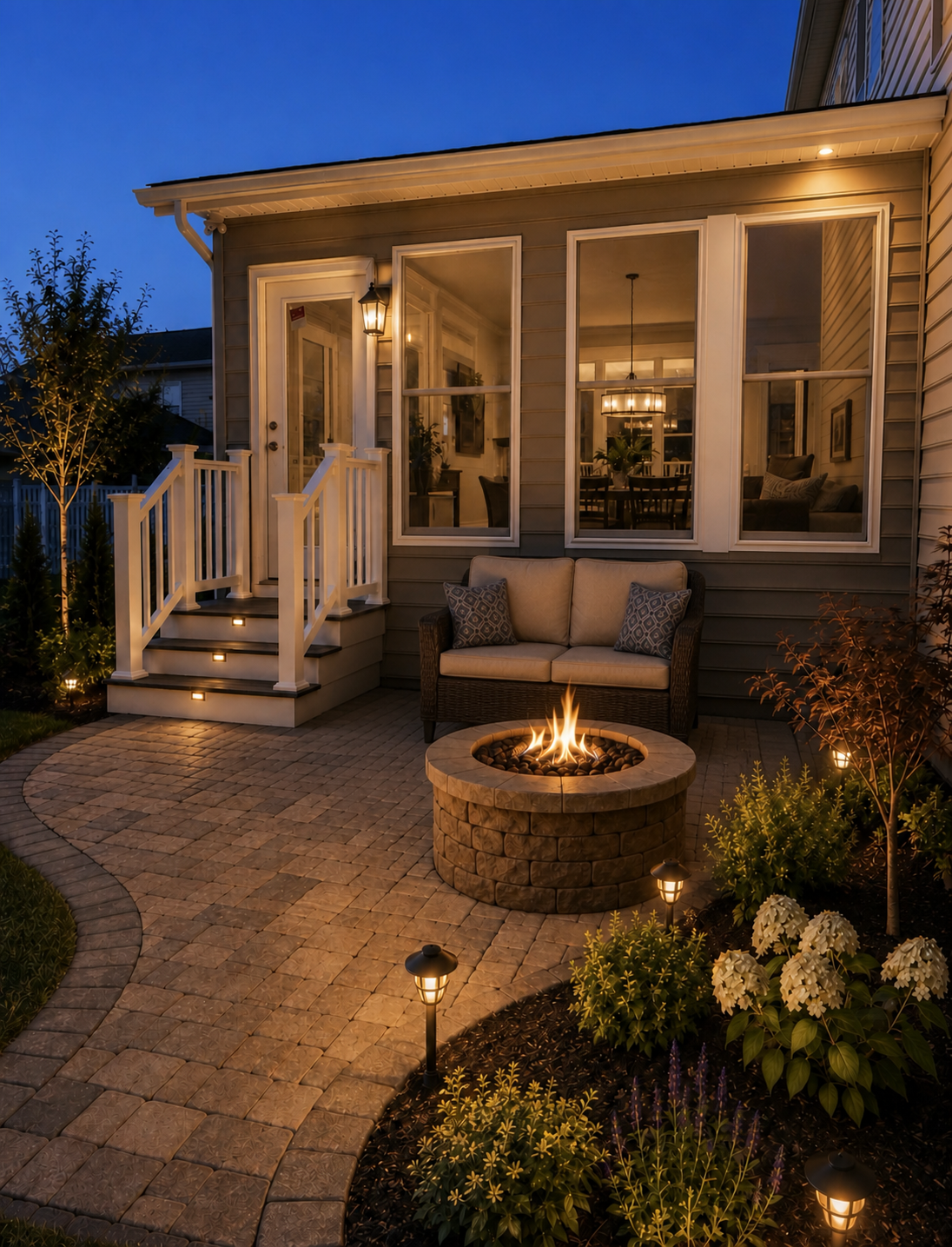 Sunroom Evening Patio with Fire Pit & Paver Walkway