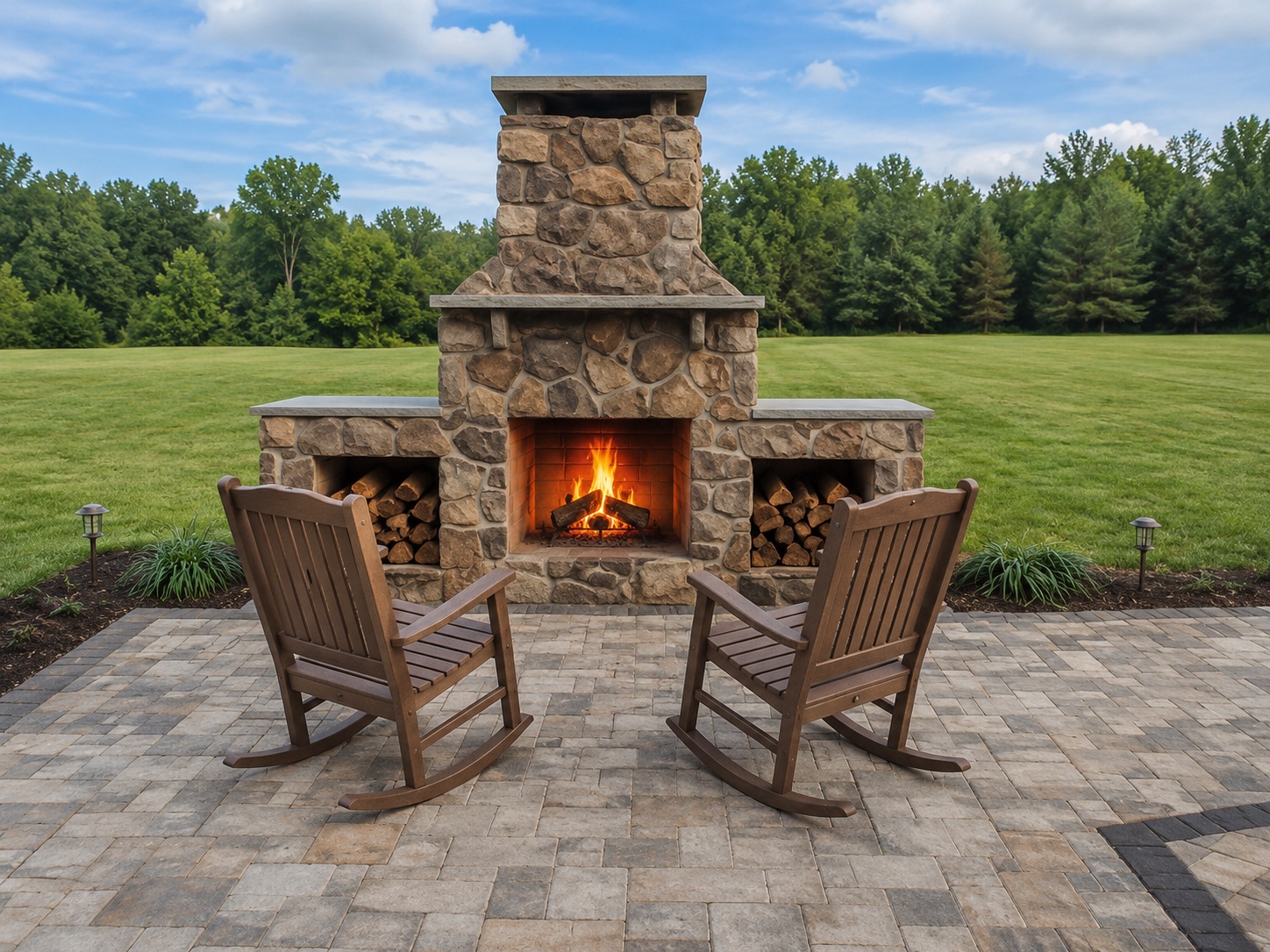 Stone Fireplace & Rocking Chairs on Paver Patio