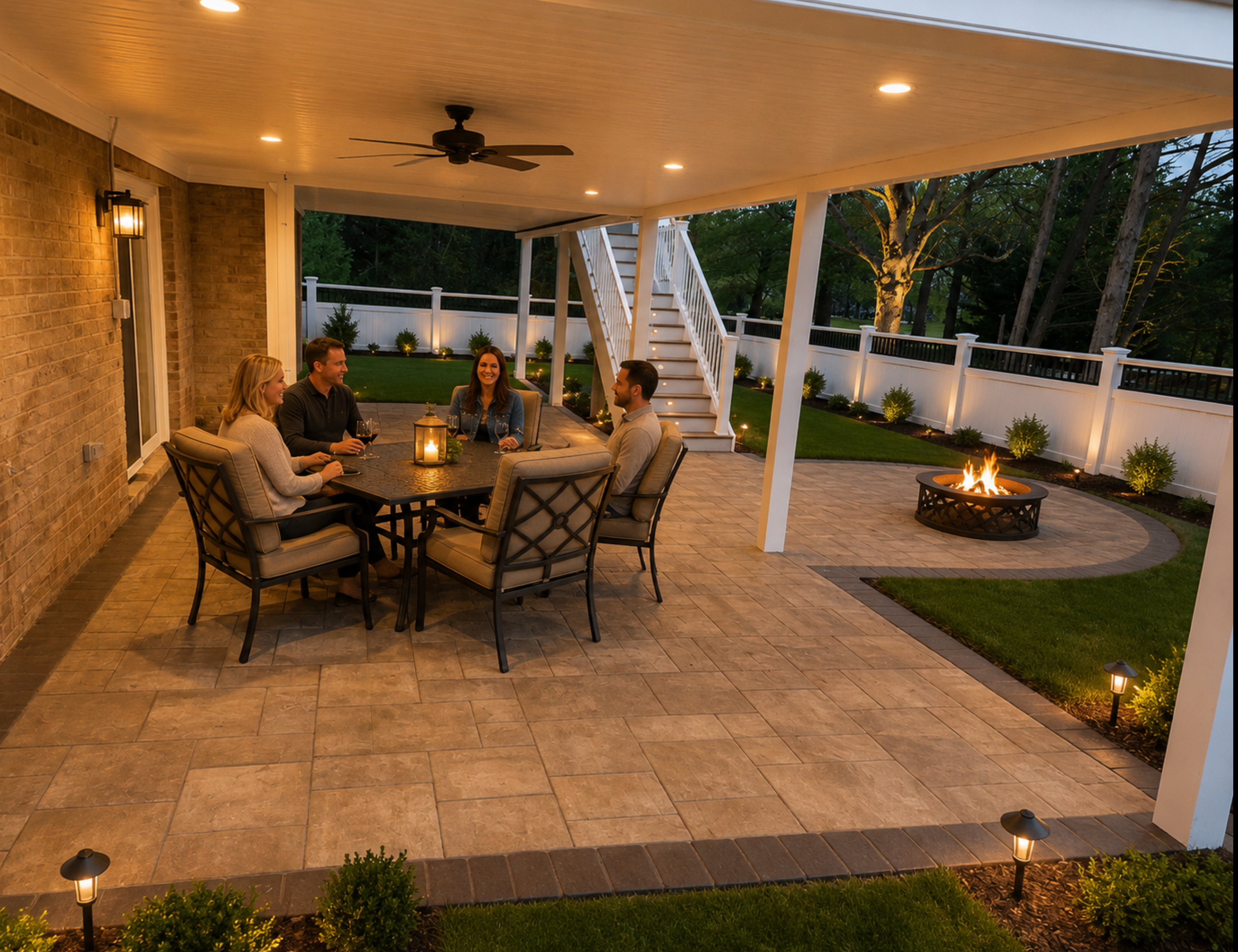 Covered Outdoor Evening Patio with Fire Pit & Dining Area