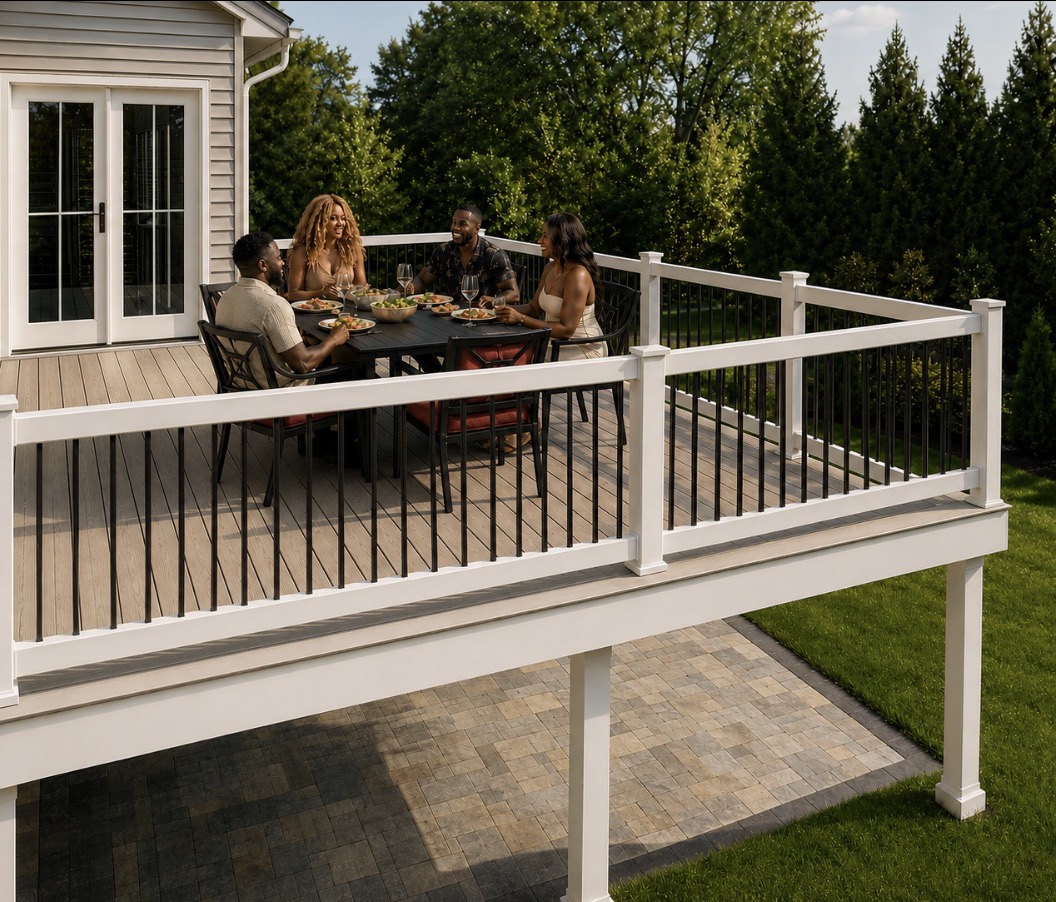 Elevated Deck Dining with White Railing & Black Balusters