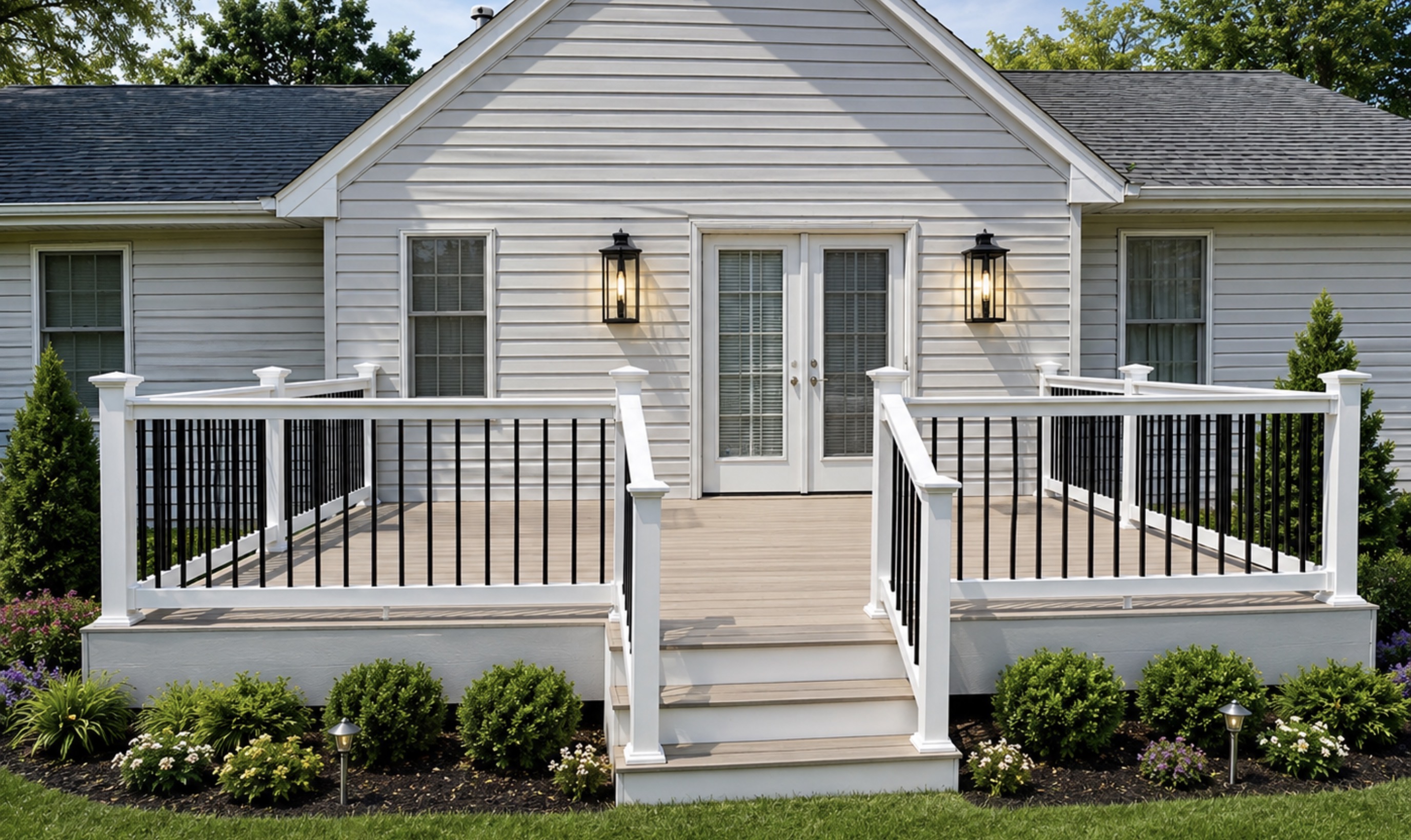 Ground-Level Composite Deck with Black Balusters