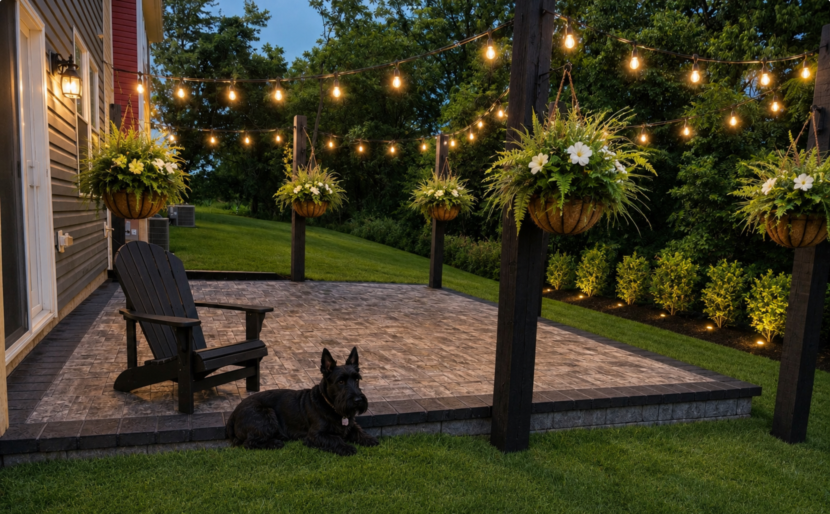 Paver Patio with String Lights & Hanging Baskets