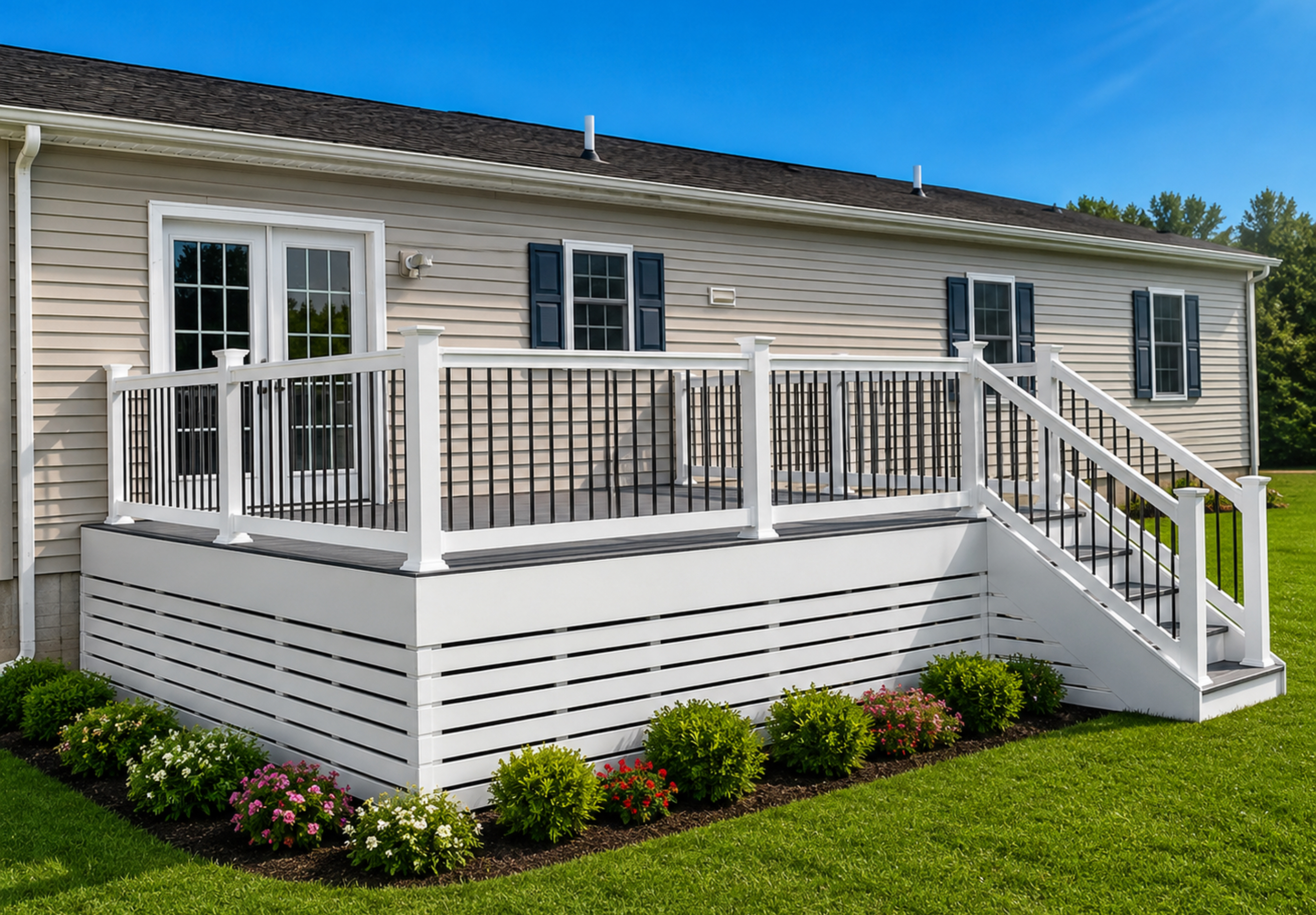Low-Profile Composite Deck with White Railing & Flower Beds