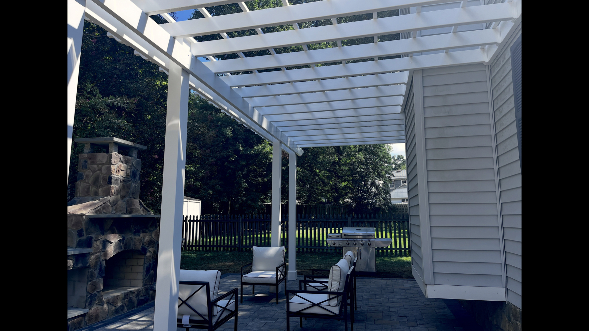 Patio Pergola & Stone Fireplace Living Space