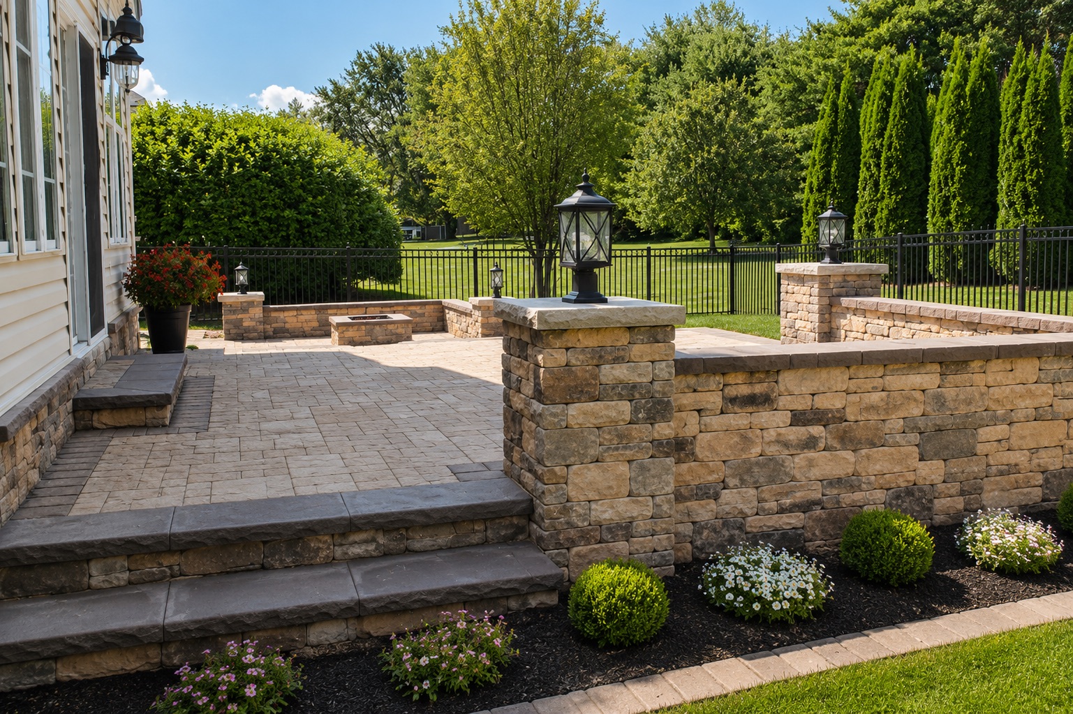 Custom Paver Patio with Stone Pillars & Sitting Wall