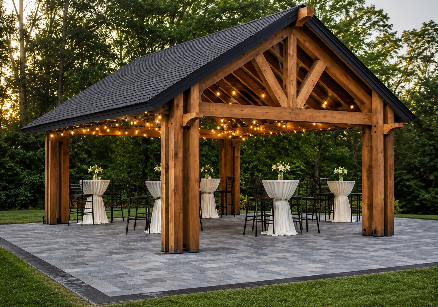 Timber Frame Pavilion with String Lighting