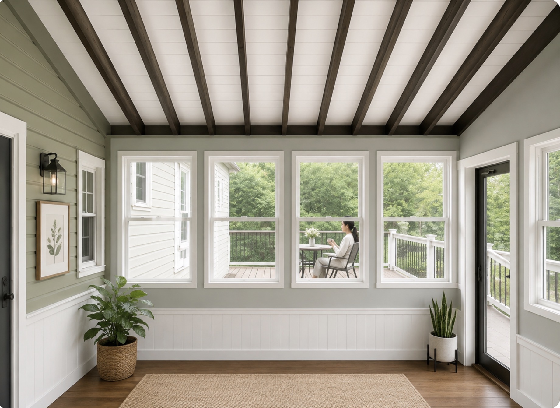 Sunroom Interior with Beamed Ceiling