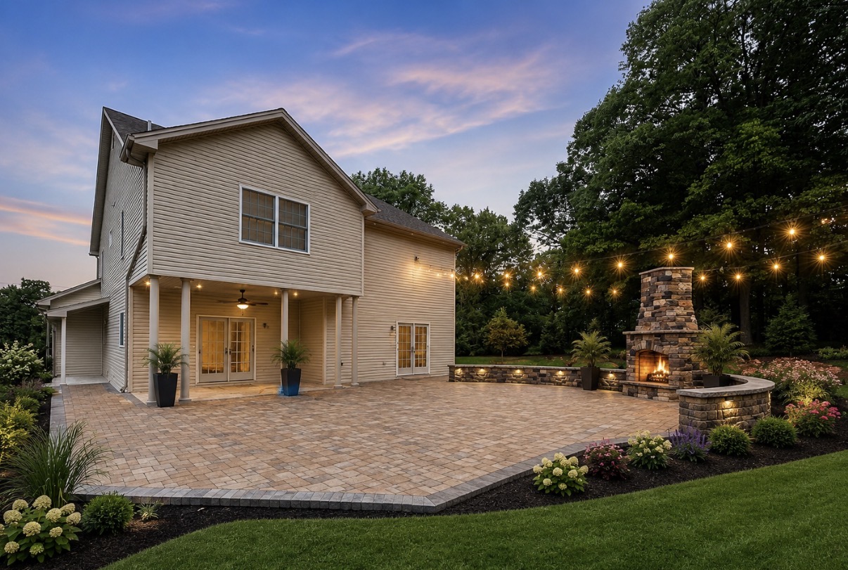 Spacious Estate Paver Patio with Outdoor Fireplace & String Lights