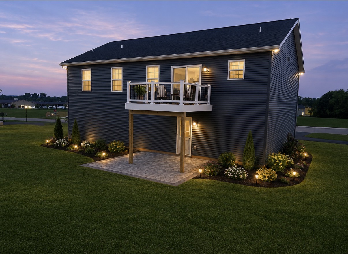 Elevated Balcony Deck & Paver Patio at Dusk