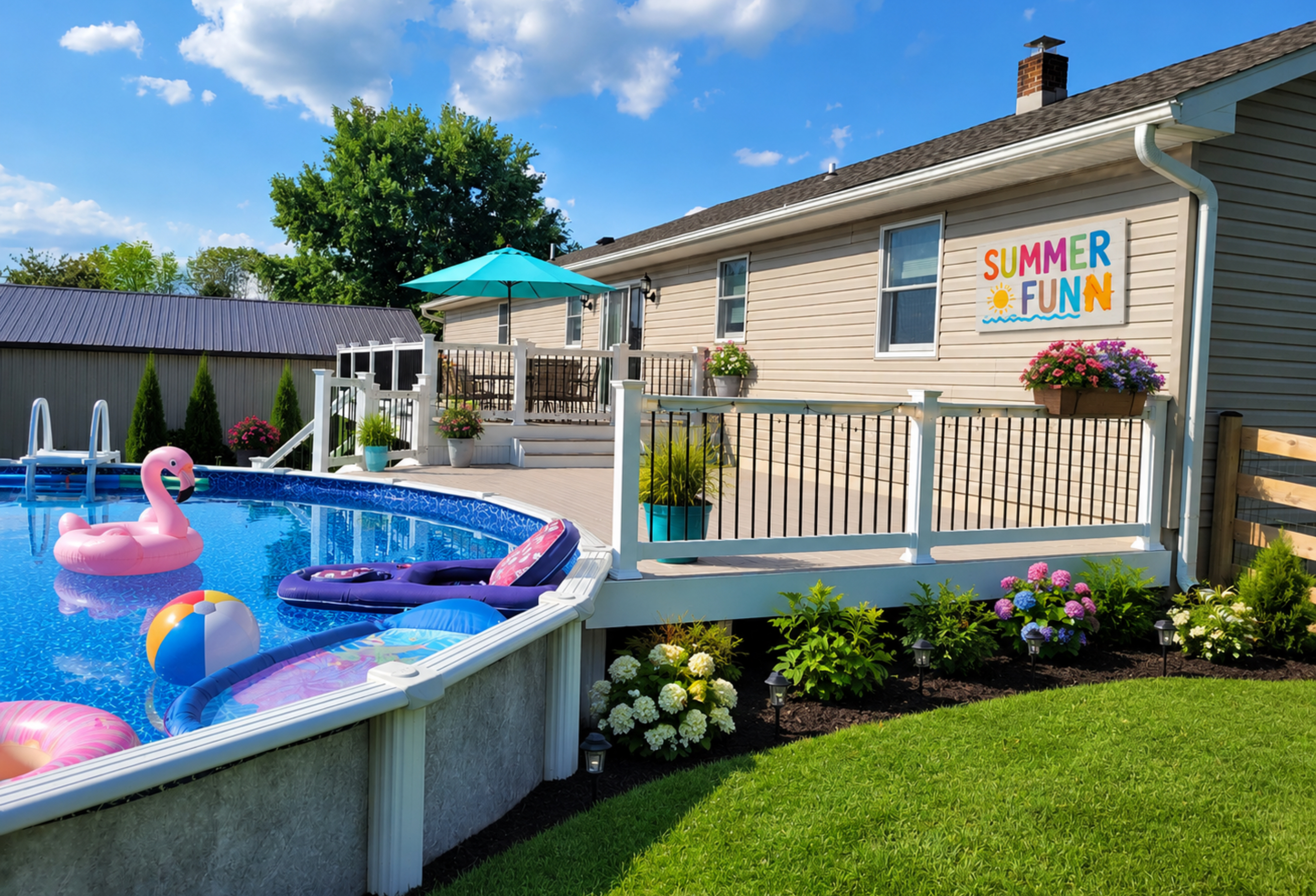 Poolside Deck & White Railing with Black Balusters