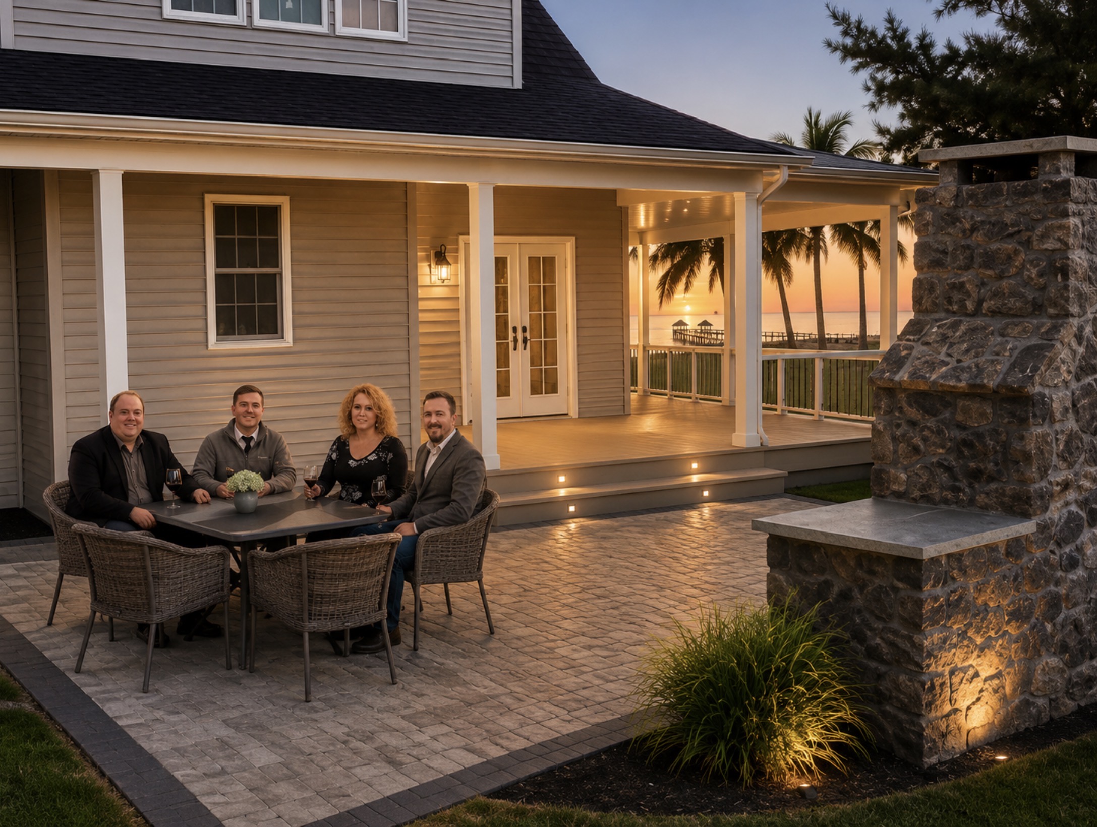 Sunset Patio with Stone Fireplace & Dining