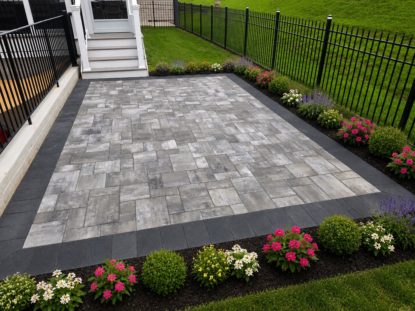Grey Stone Paver Patio with Border & Landscaping
