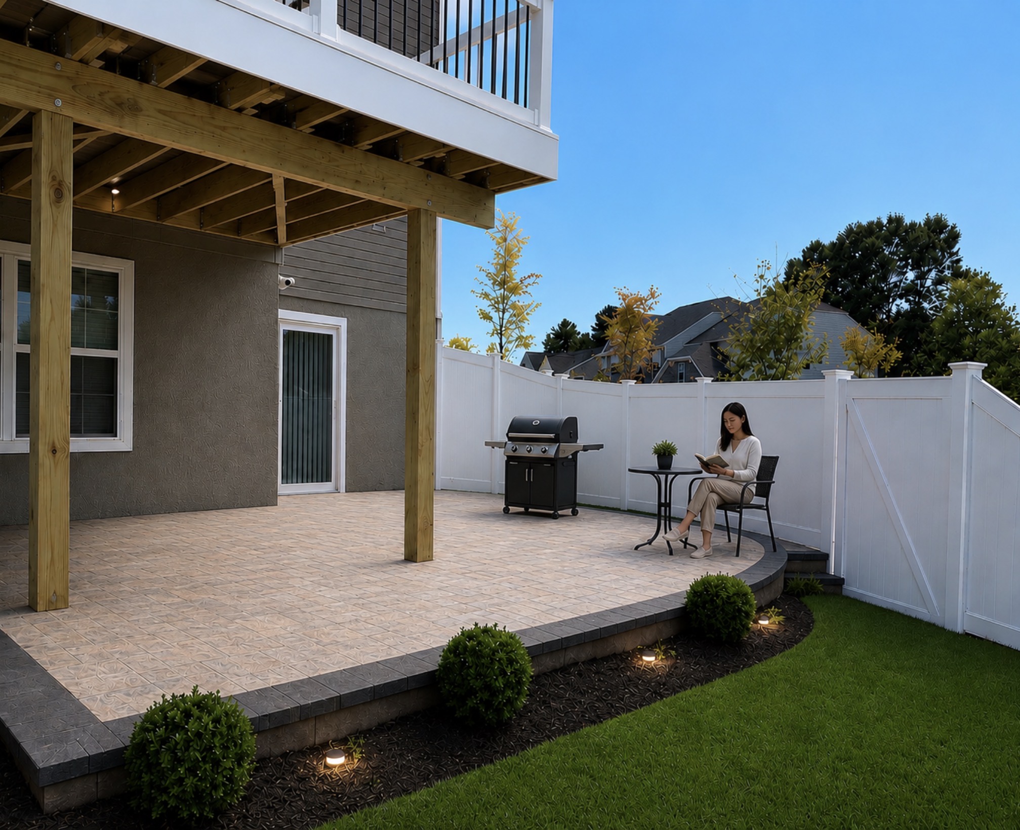 Curved Under-Deck Paver Patio with Landscaping & Seating