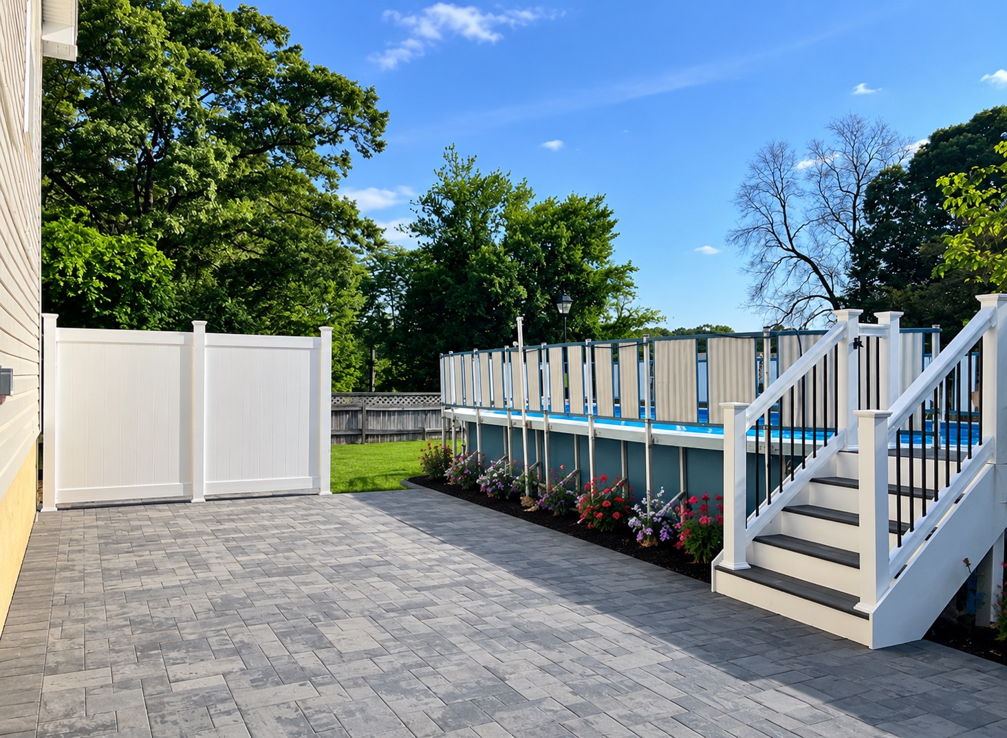Poolside Paver Patio with Vinyl Privacy Fence & Stairs
