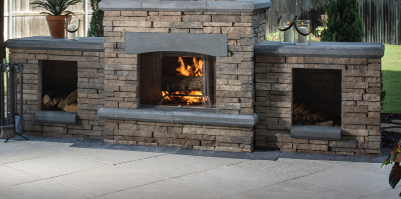 Stacked Stone Outdoor Fireplace & Storage Nooks