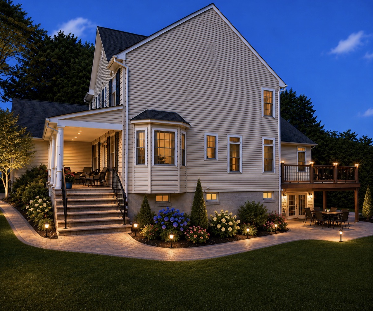 Covered Porch & Illuminated Paver Walkway
